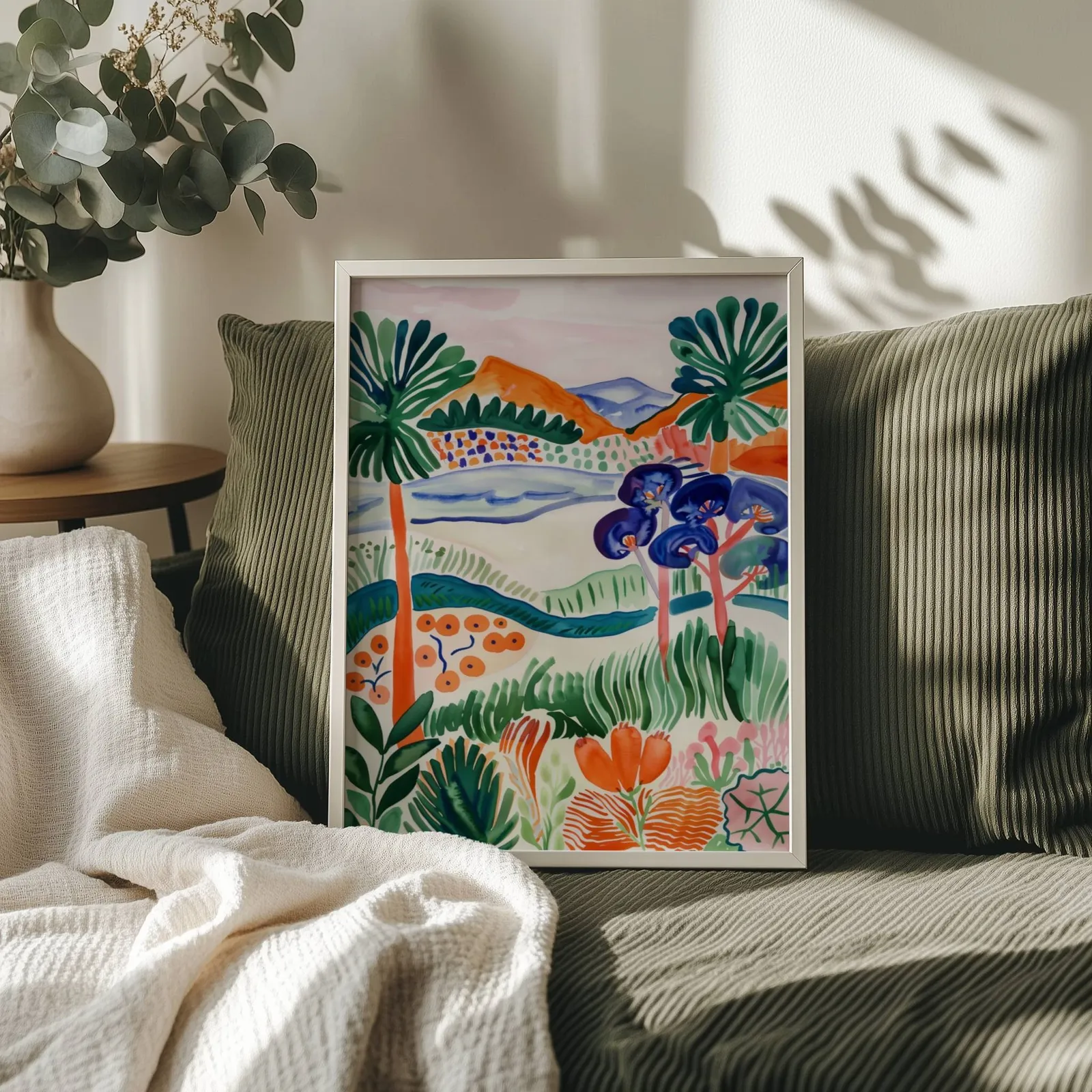 colorful landscape wall art with botanical garden scene, propped on an olive corduroy sofa beside a eucalyptus vase