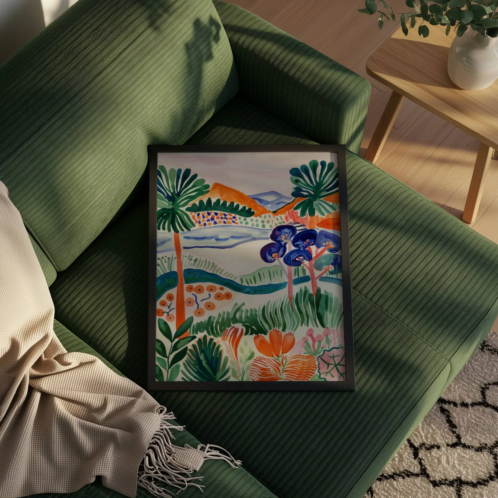 colorful landscape wall art with botanical garden scene, propped on a ribbed olive-green sofa beside a fringed throw