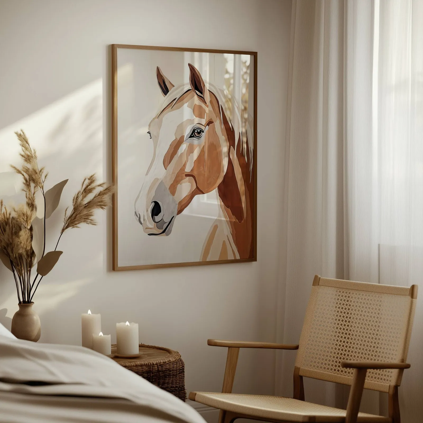 brown horse portrait western wall art, above a woven side table with lit candles and pampas grass