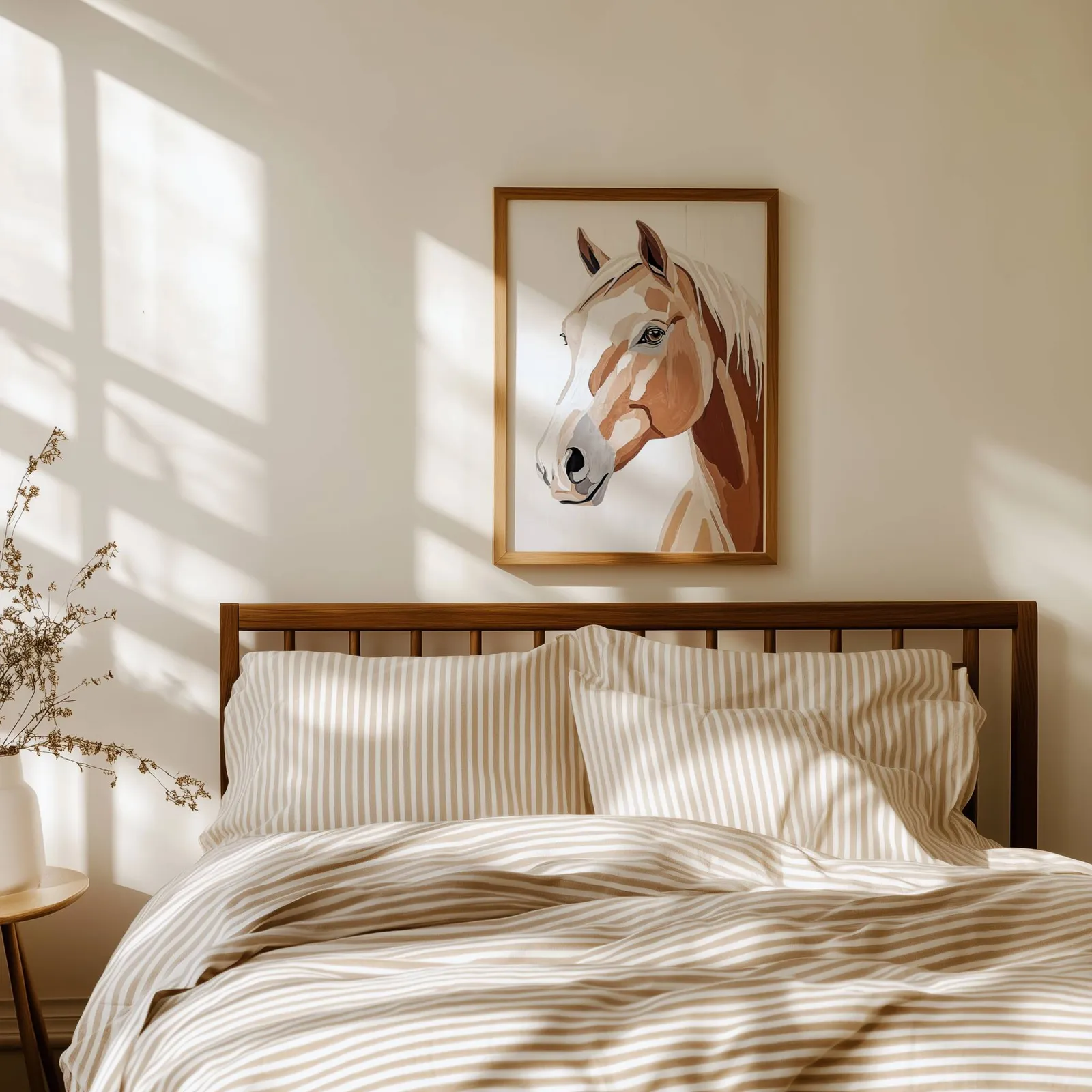 brown horse portrait western wall art, above a spindle headboard with striped linen bedding