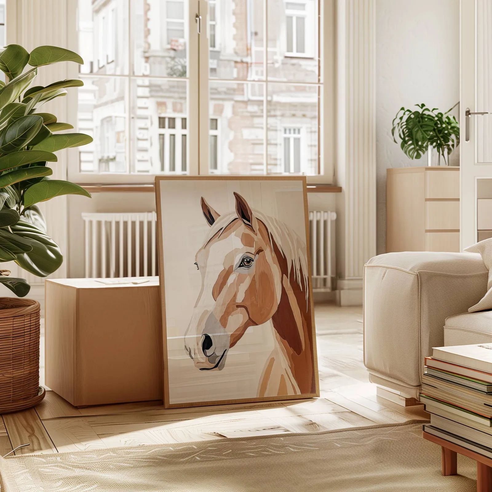 brown horse portrait western wall art, leaning against a cardboard box near a tall window radiator