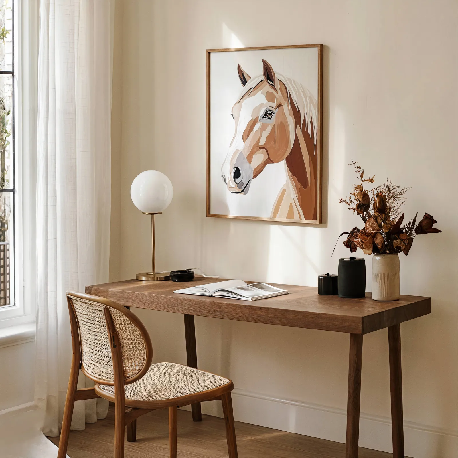 brown horse portrait western wall art, above a wooden desk with a globe lamp and dried flowers