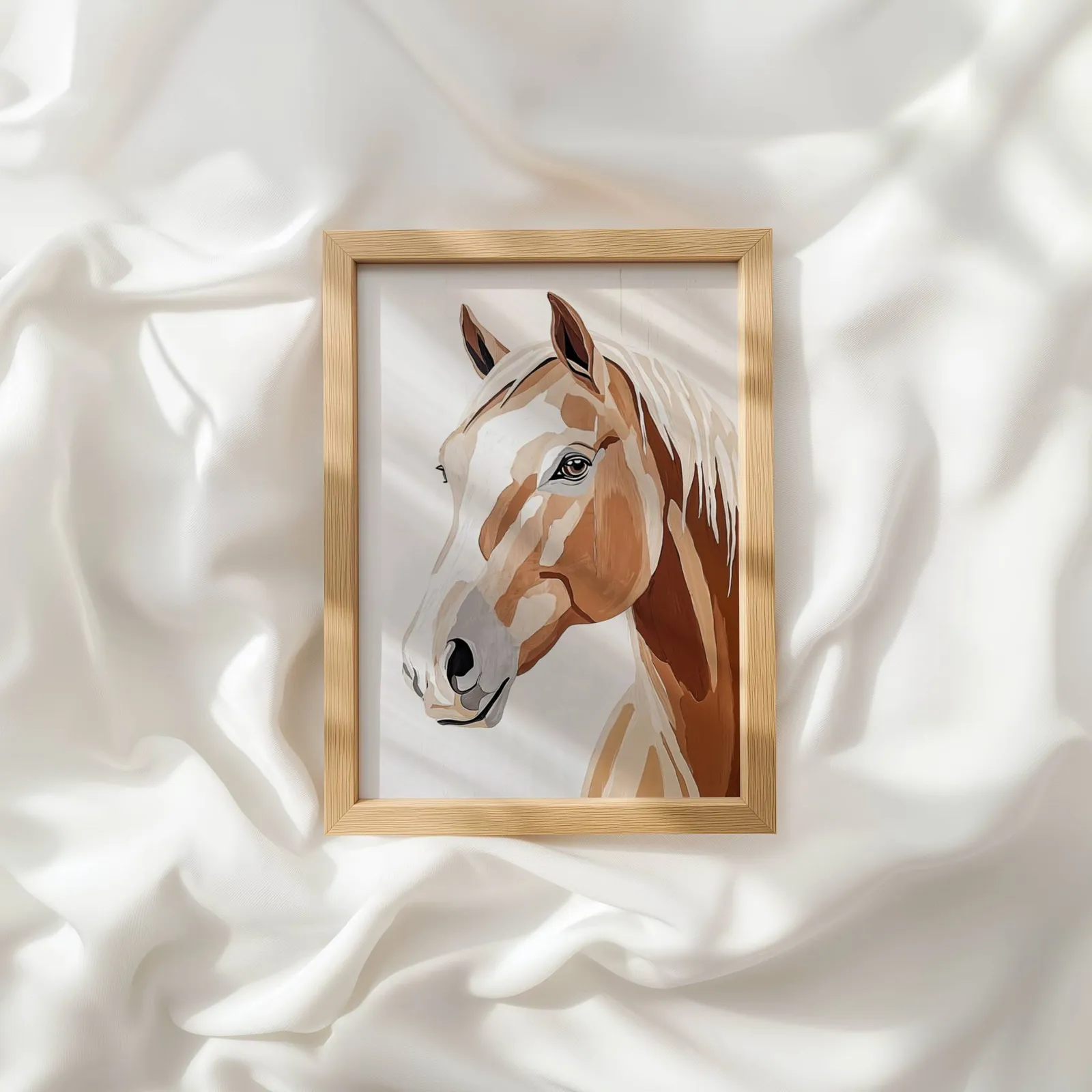 brown horse portrait western wall art, resting atop rumpled white silky fabric