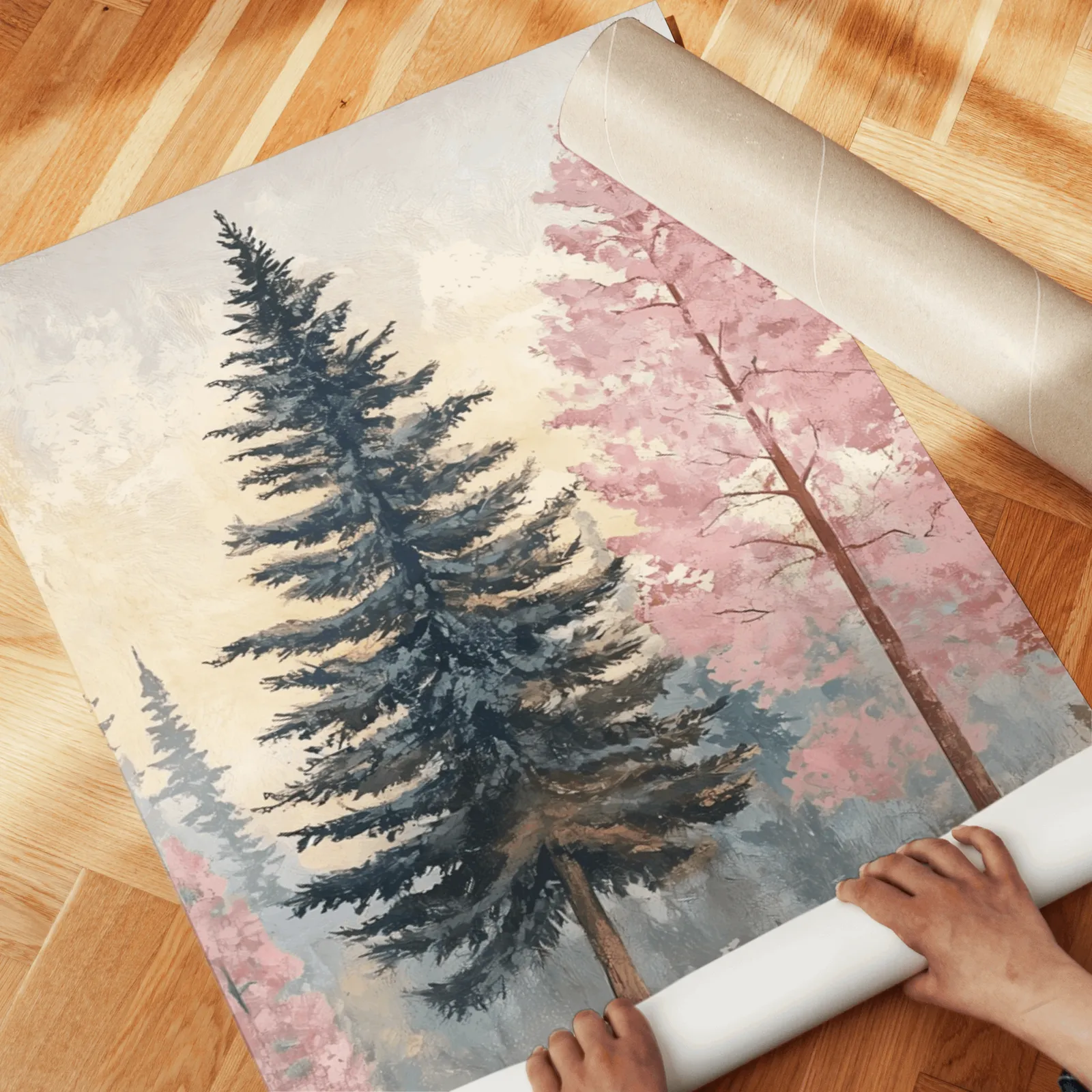 pink and blue pine tree wall art set of 3, unrolled across a herringbone wood floor by hand