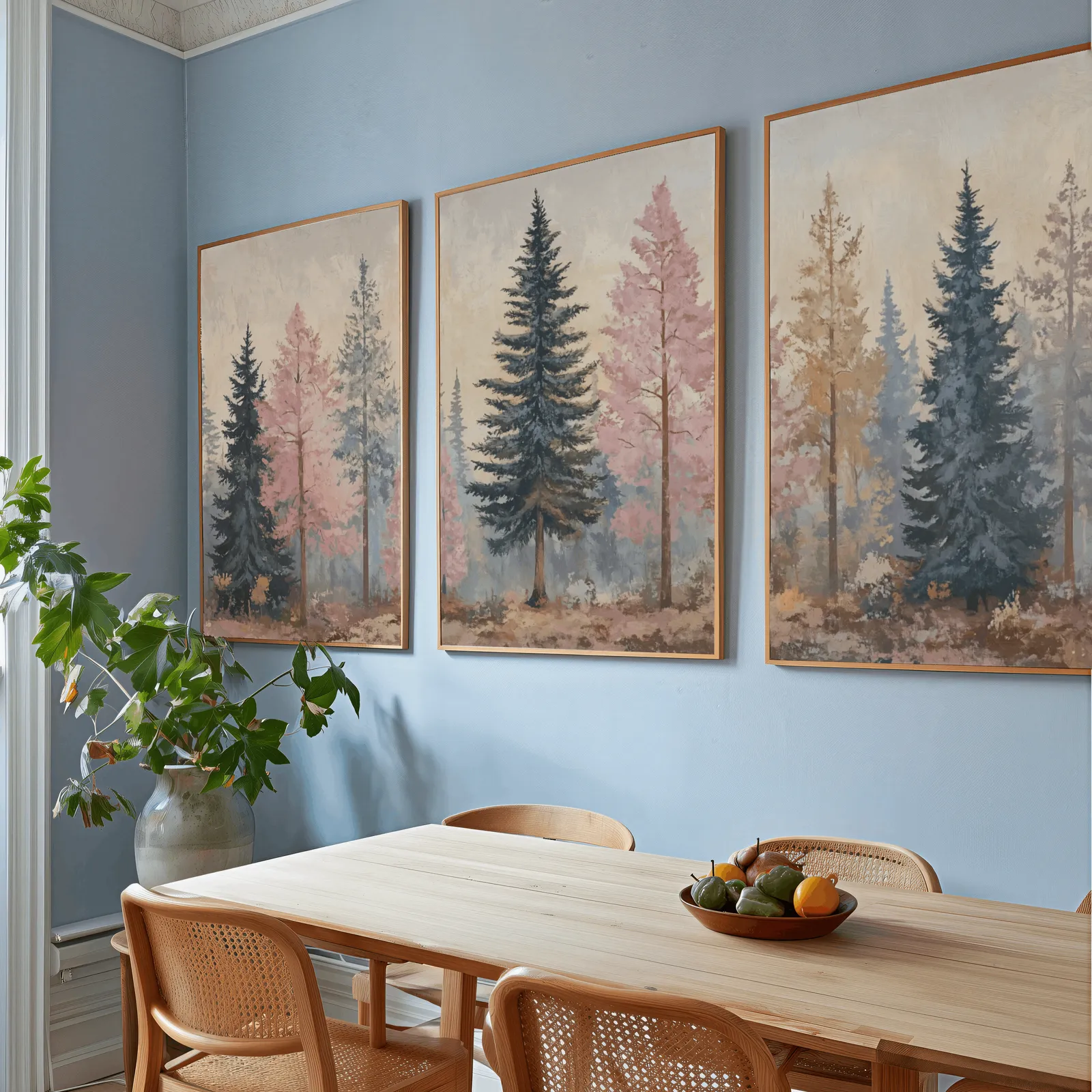 pink and blue pine tree wall art set of 3, above a wooden dining table with cane chairs and a fruit bowl