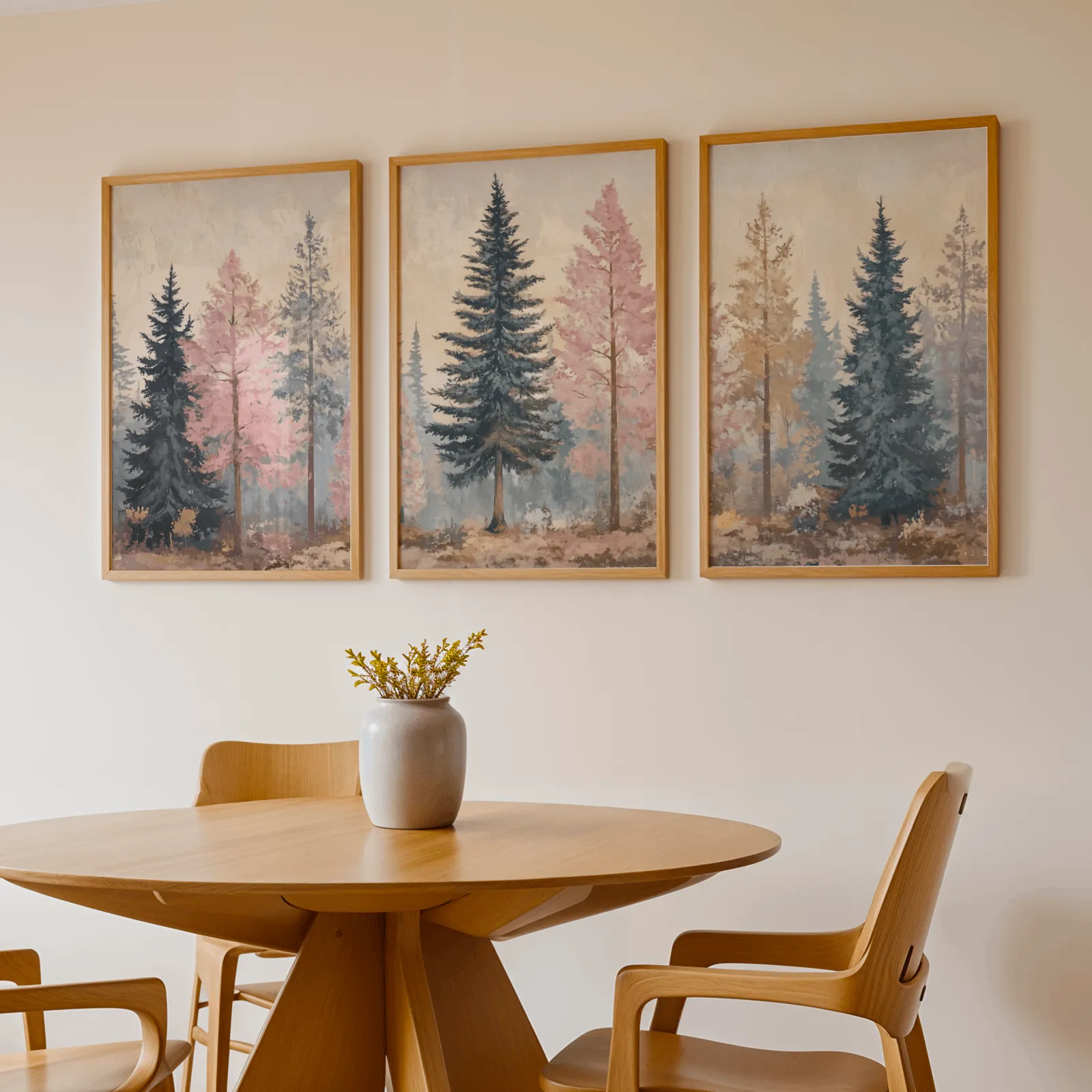 pink and blue pine tree wall art set of 3, above a round wooden table with a stoneware vase