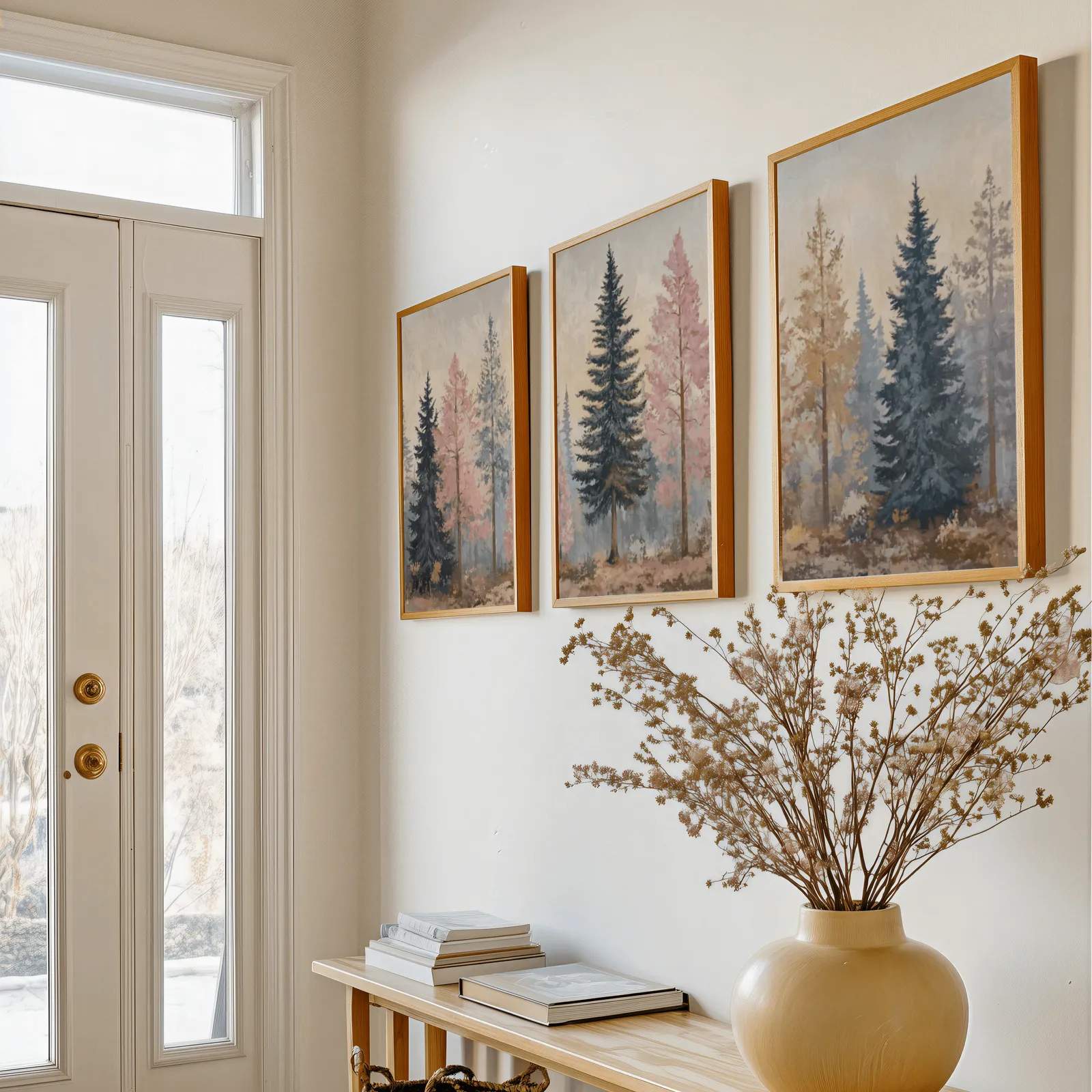 pink and blue pine tree wall art set of 3, above a console table with a yellow vase of dried branches