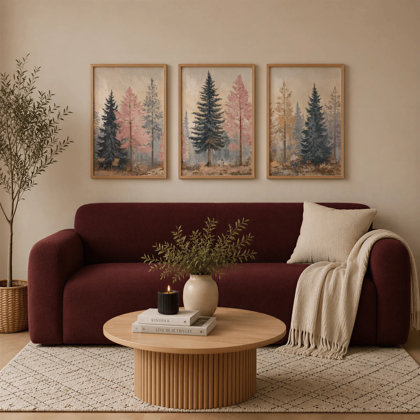 pink and blue pine tree wall art set of 3, above a burgundy boucle sofa with a cream throw