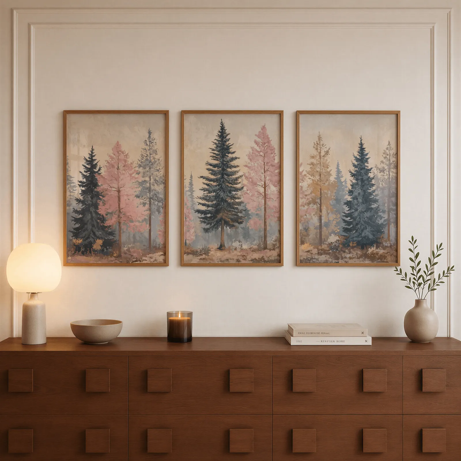 pink and blue pine tree wall art set of 3, above a walnut sideboard with a lit candle and glowing lamp