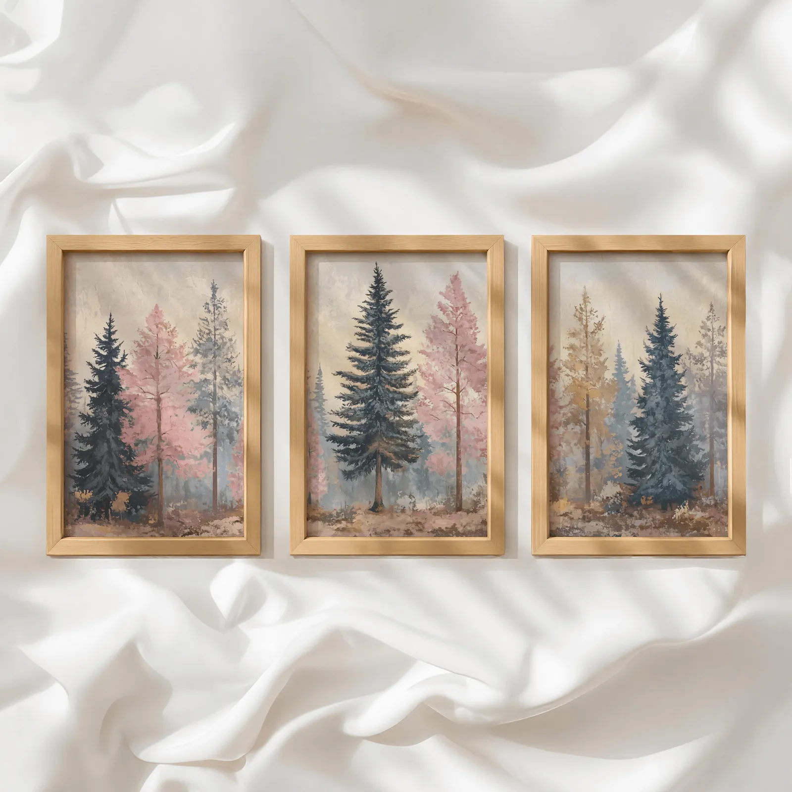 pink and blue pine tree wall art set of 3, in a row atop rumpled white silky fabric