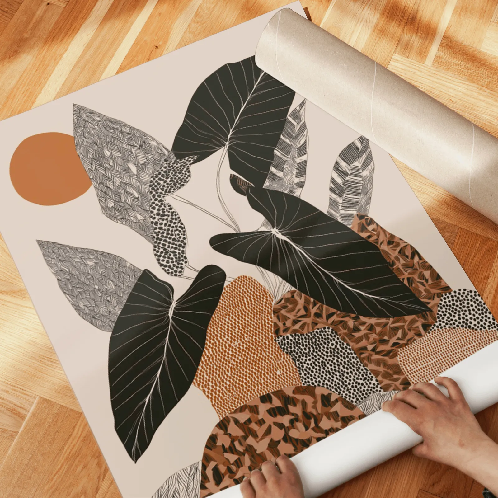 terracotta botanical wall art set of 2 patterned leaves, unrolled across a herringbone parquet floor by hand