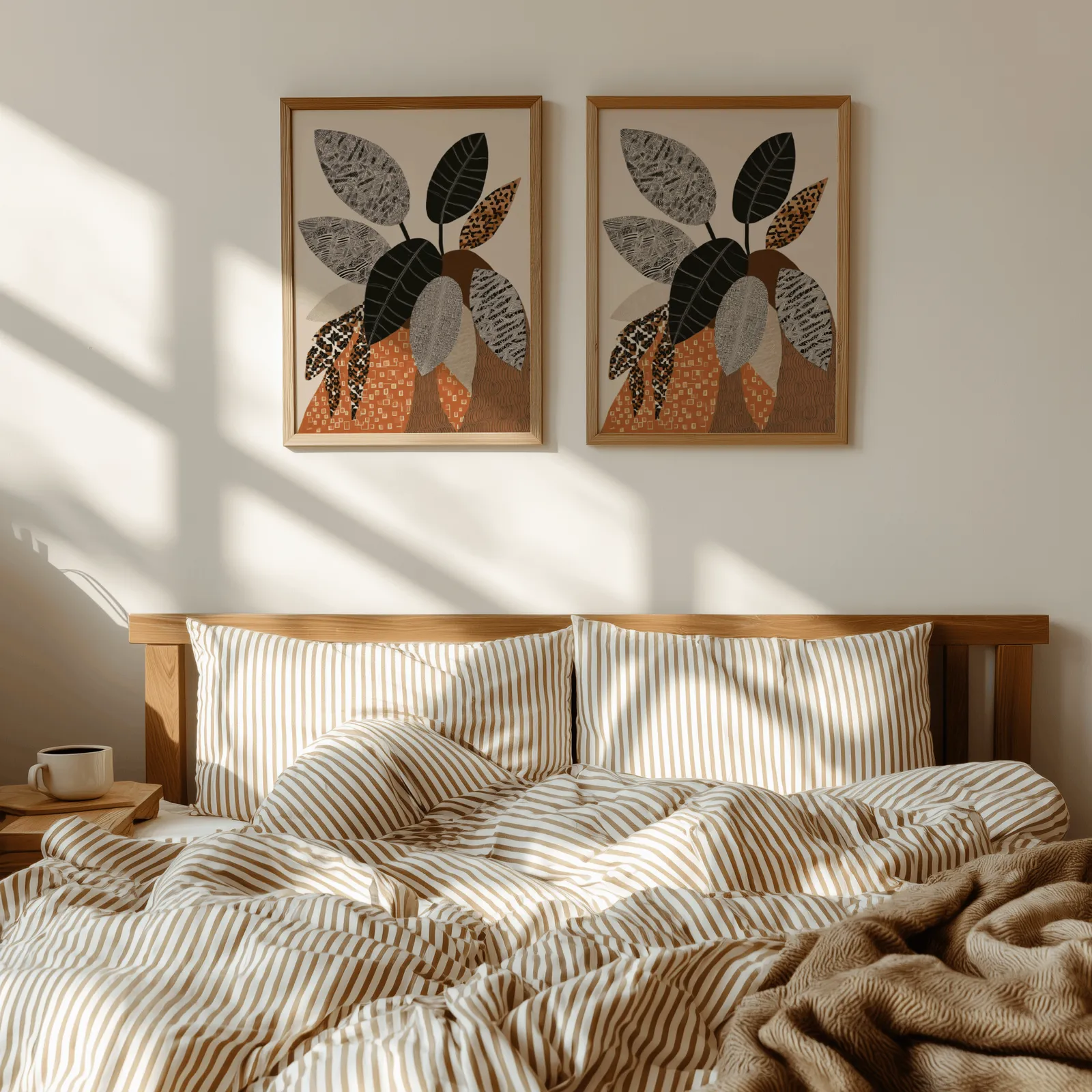 terracotta botanical wall art set of 2 patterned leaves, above a wooden headboard with striped bedding and raking sunlight
