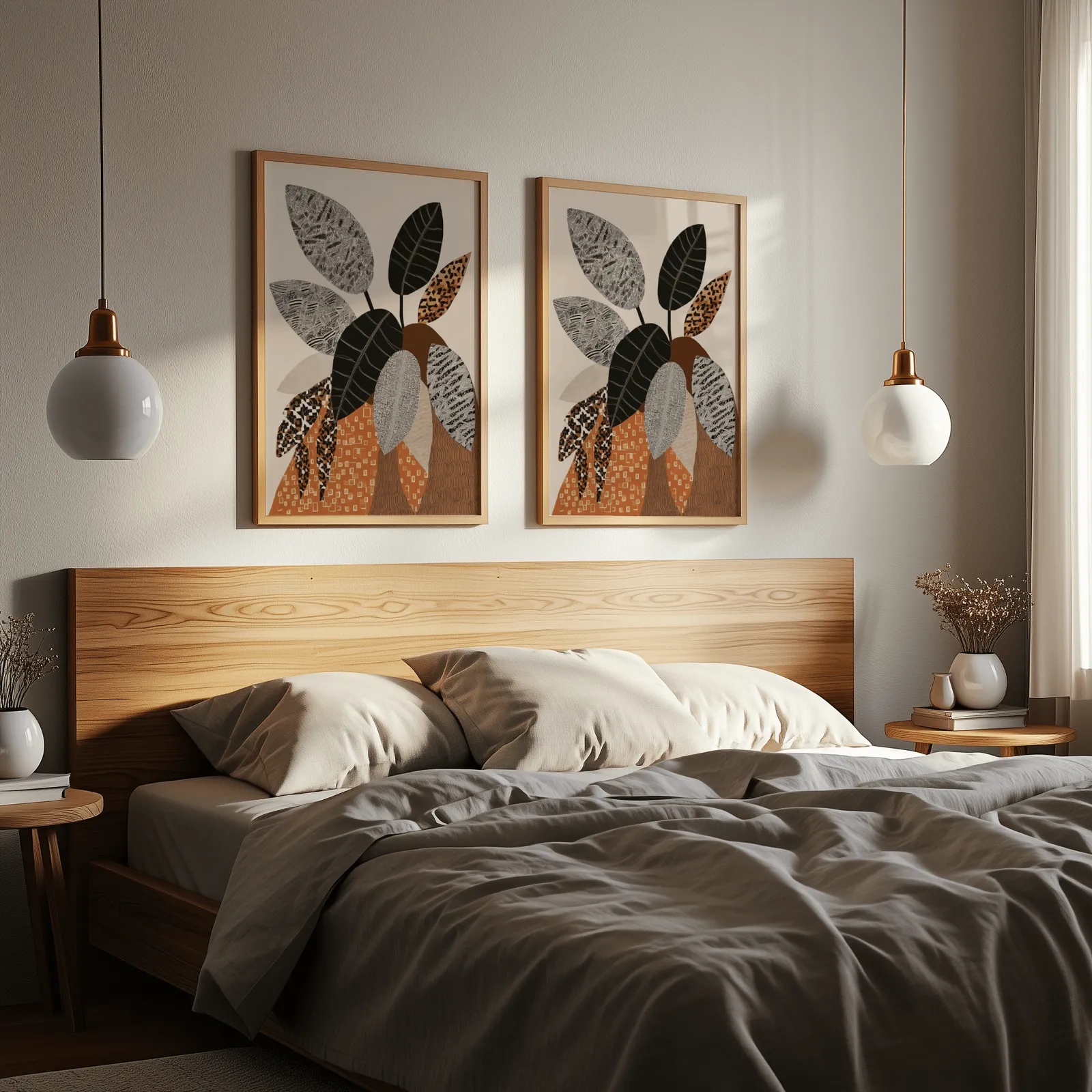 terracotta botanical wall art set of 2 patterned leaves, above a wooden headboard flanked by globe pendant lights