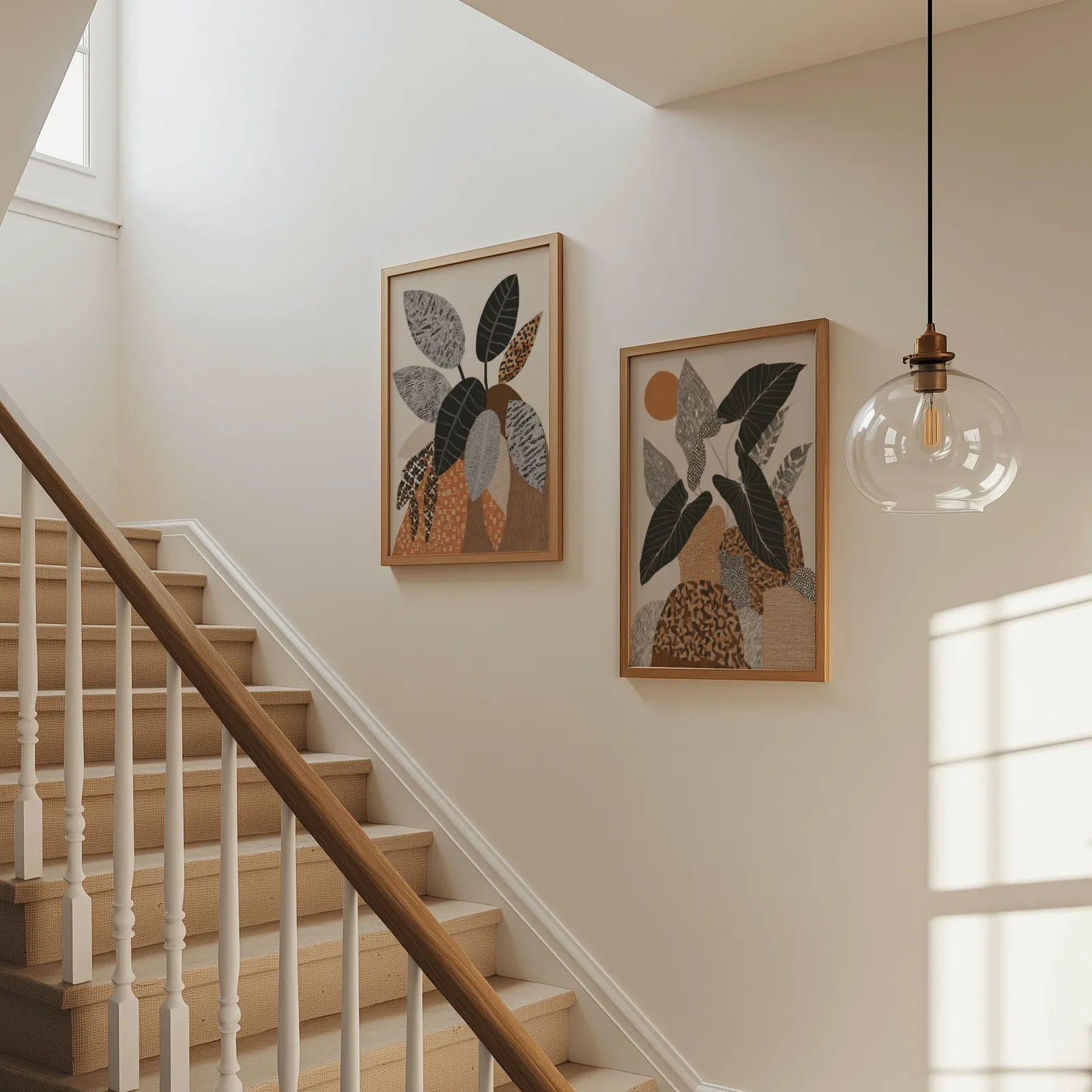 terracotta botanical wall art set of 2 patterned leaves, beside a carpeted staircase under a glass pendant light