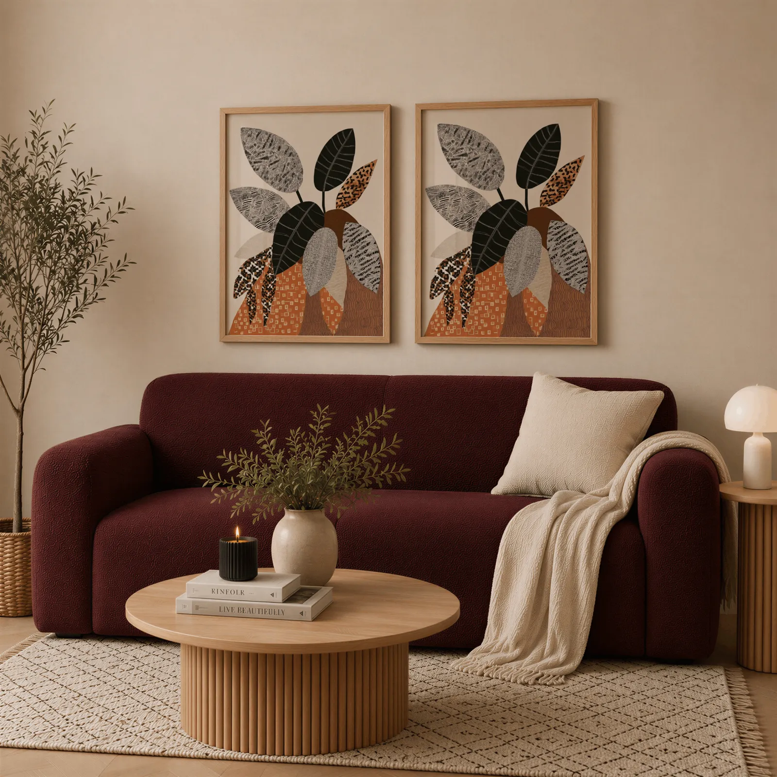 terracotta botanical wall art set of 2 patterned leaves, above a deep burgundy boucle sofa with cream throw