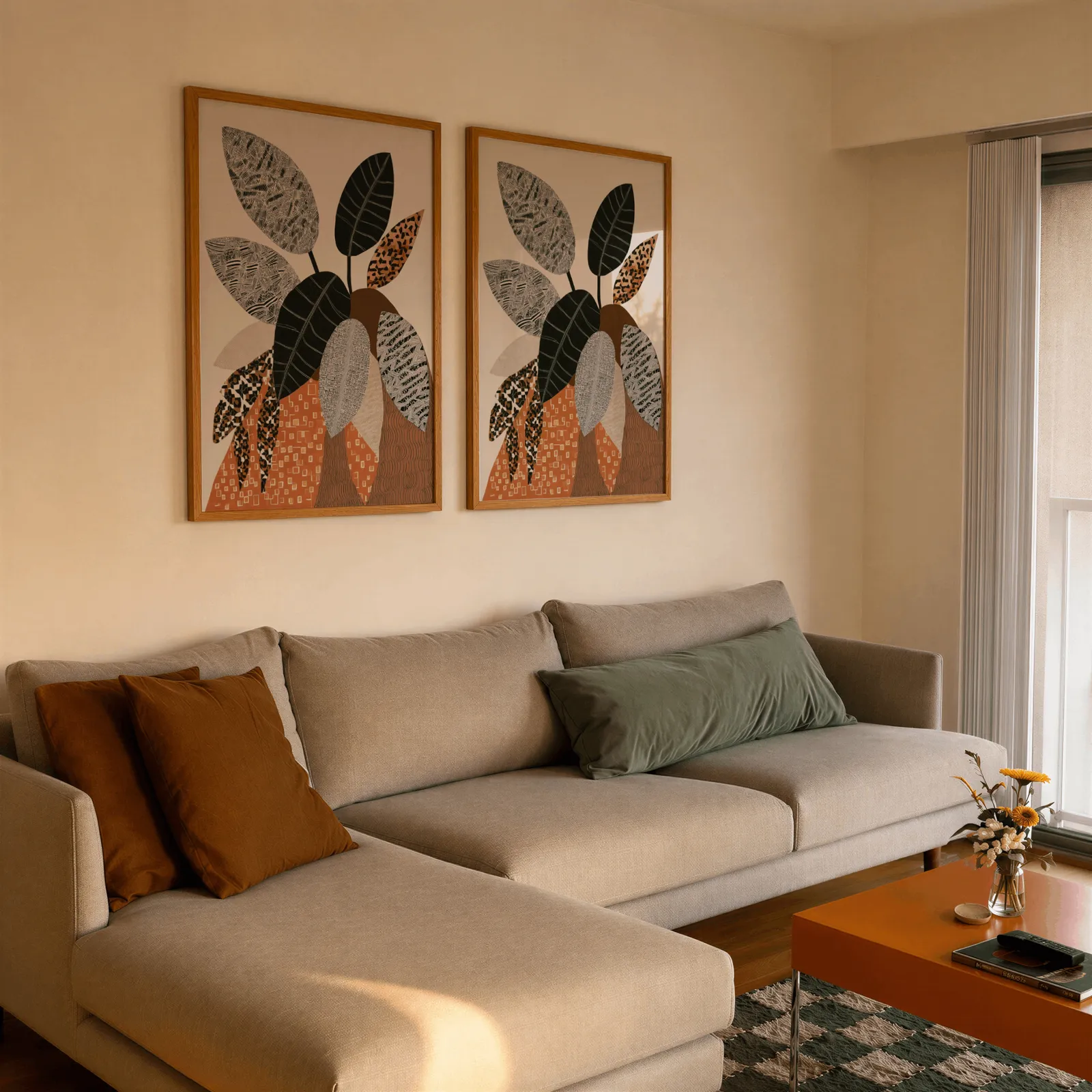 terracotta botanical wall art set of 2 patterned leaves, side by side above a beige sectional sofa