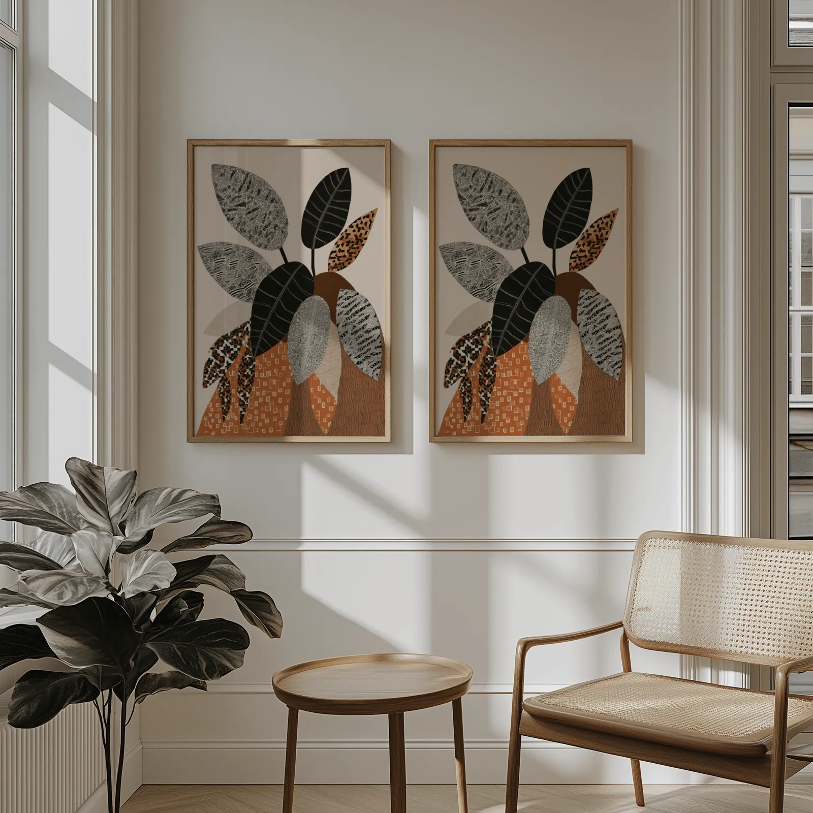 terracotta botanical wall art set of 2 patterned leaves, above wainscoting beside a cane armchair and fiddle-leaf fig