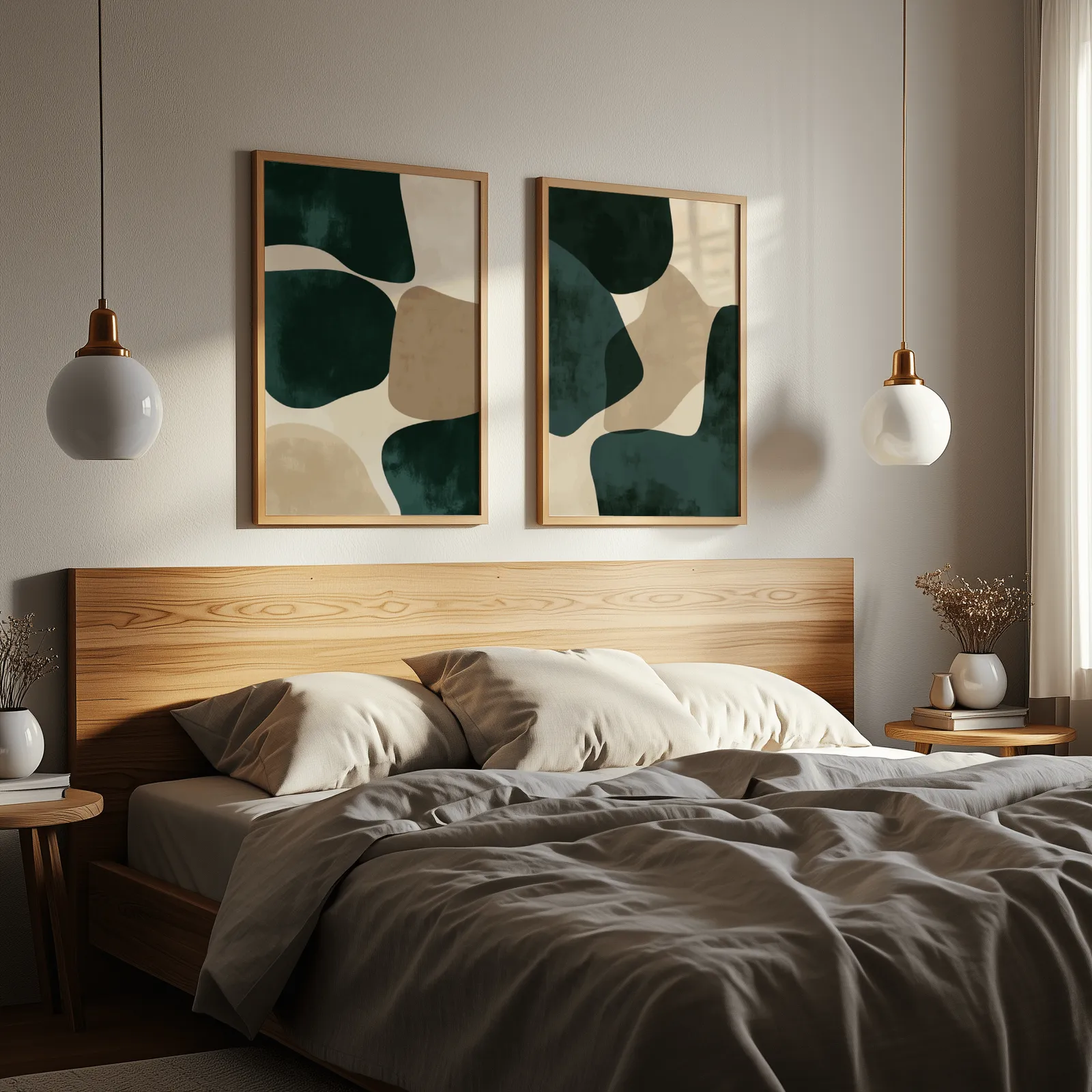 green and beige abstract wall art set of two, above a wooden headboard flanked by globe pendant lights