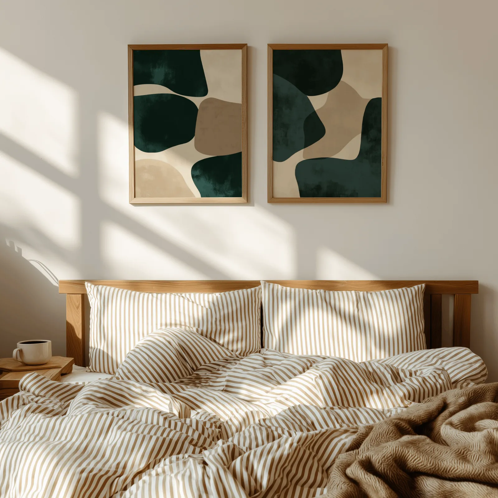 green and beige abstract wall art set of two, above a wooden headboard with striped bedding and raking sunlight