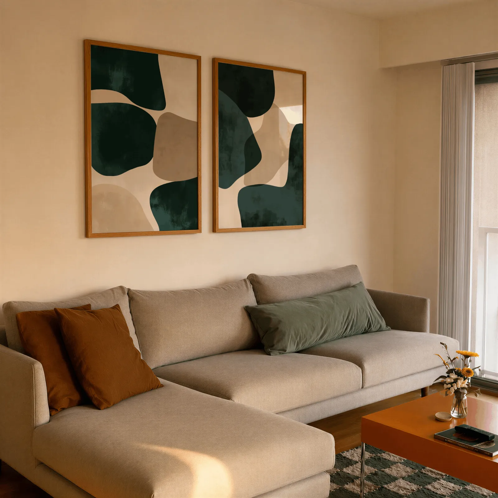 green and beige abstract wall art set of two, side by side above a beige sectional sofa