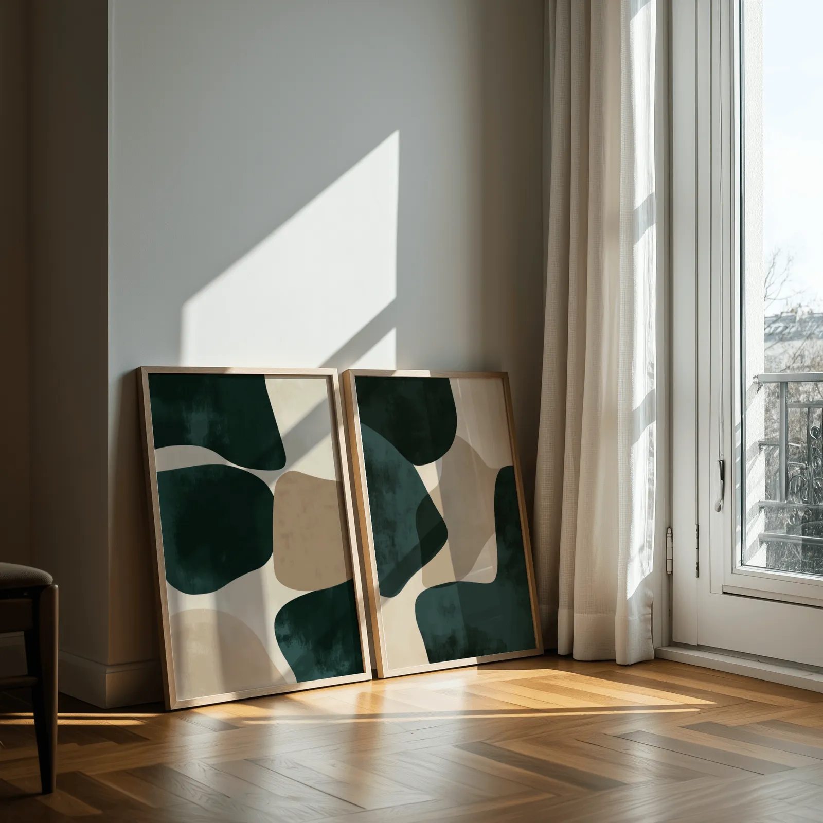 green and beige abstract wall art set of two, leaning against a sunlit wall by a curtained balcony door