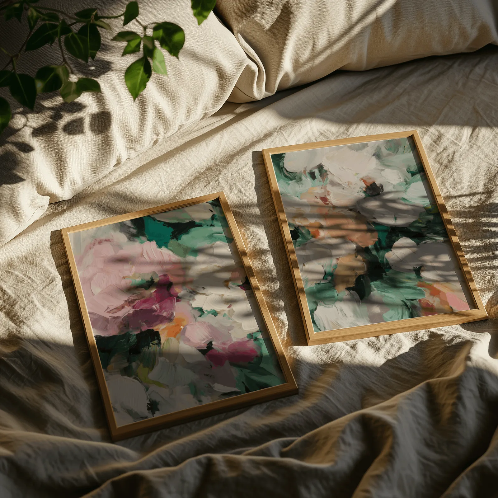 pink and green abstract floral wall art set of two, resting on rumpled linen sheets with dappled leaf shadows