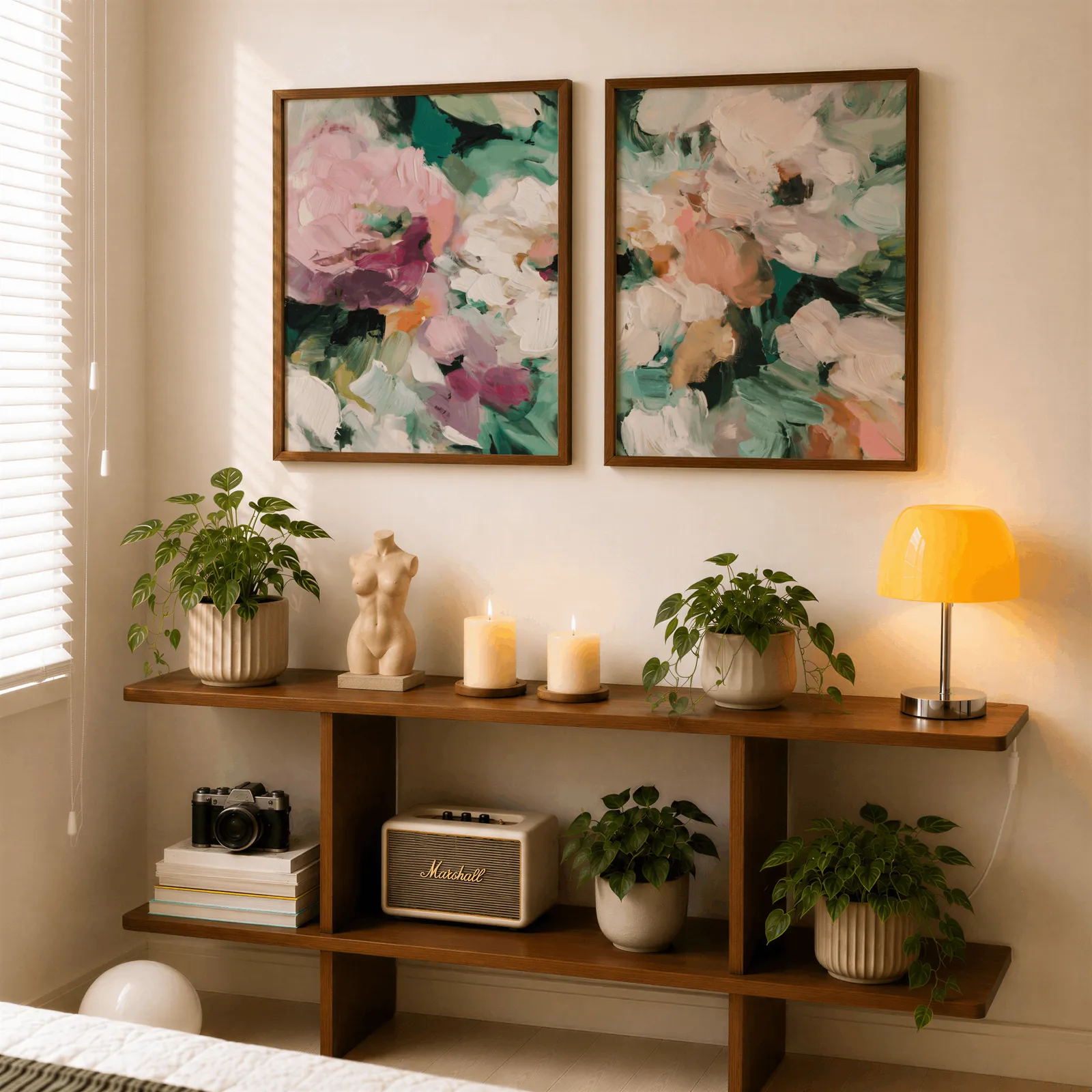 pink and green abstract floral wall art set of two, above a wooden console shelf with potted plants and a yellow lamp