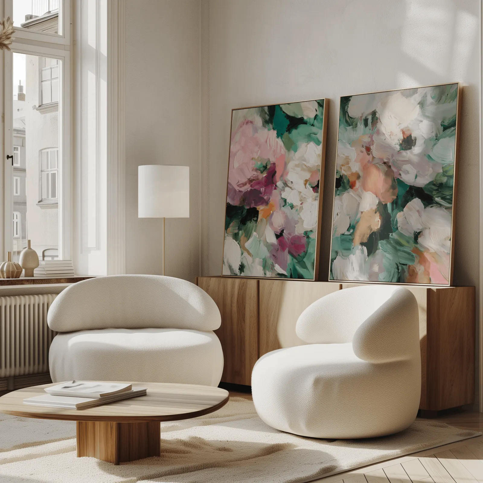pink and green abstract floral wall art set of two, propped against a wooden sideboard beside boucle armchairs