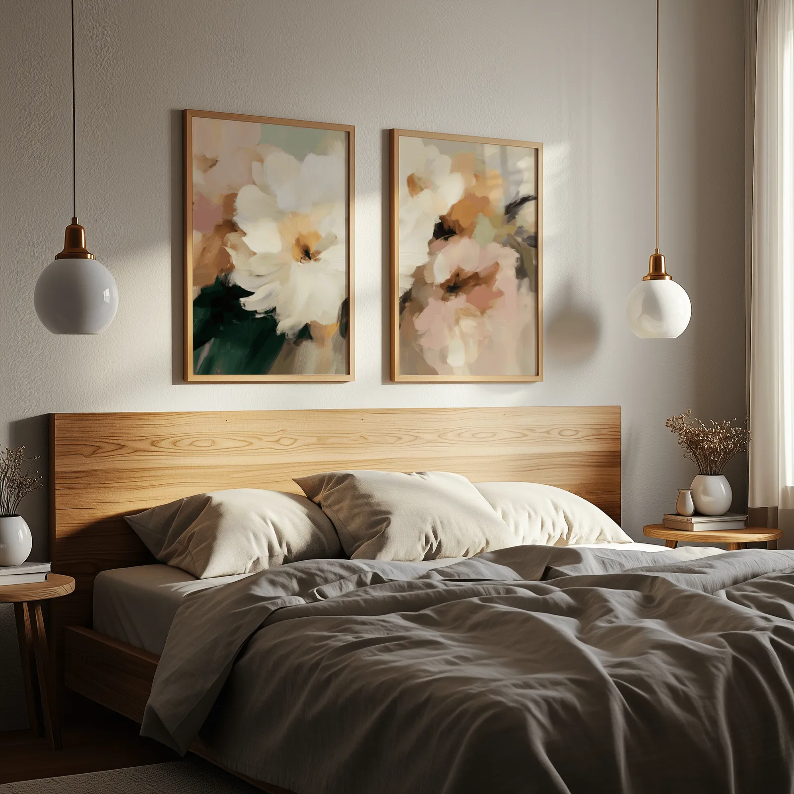 pink and cream floral wall art set of two, above a wooden headboard flanked by globe pendant lights
