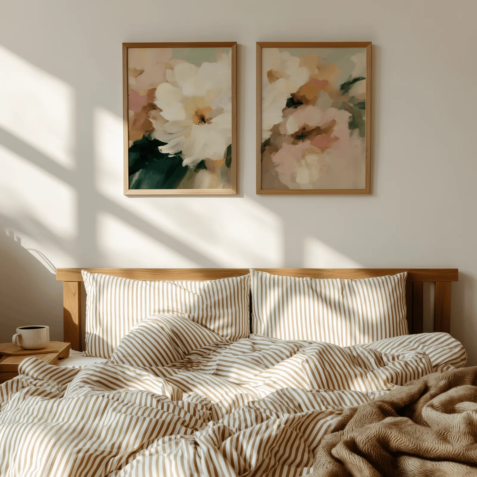 pink and cream floral wall art set of two, above a wooden headboard with striped bedding and raking sunlight
