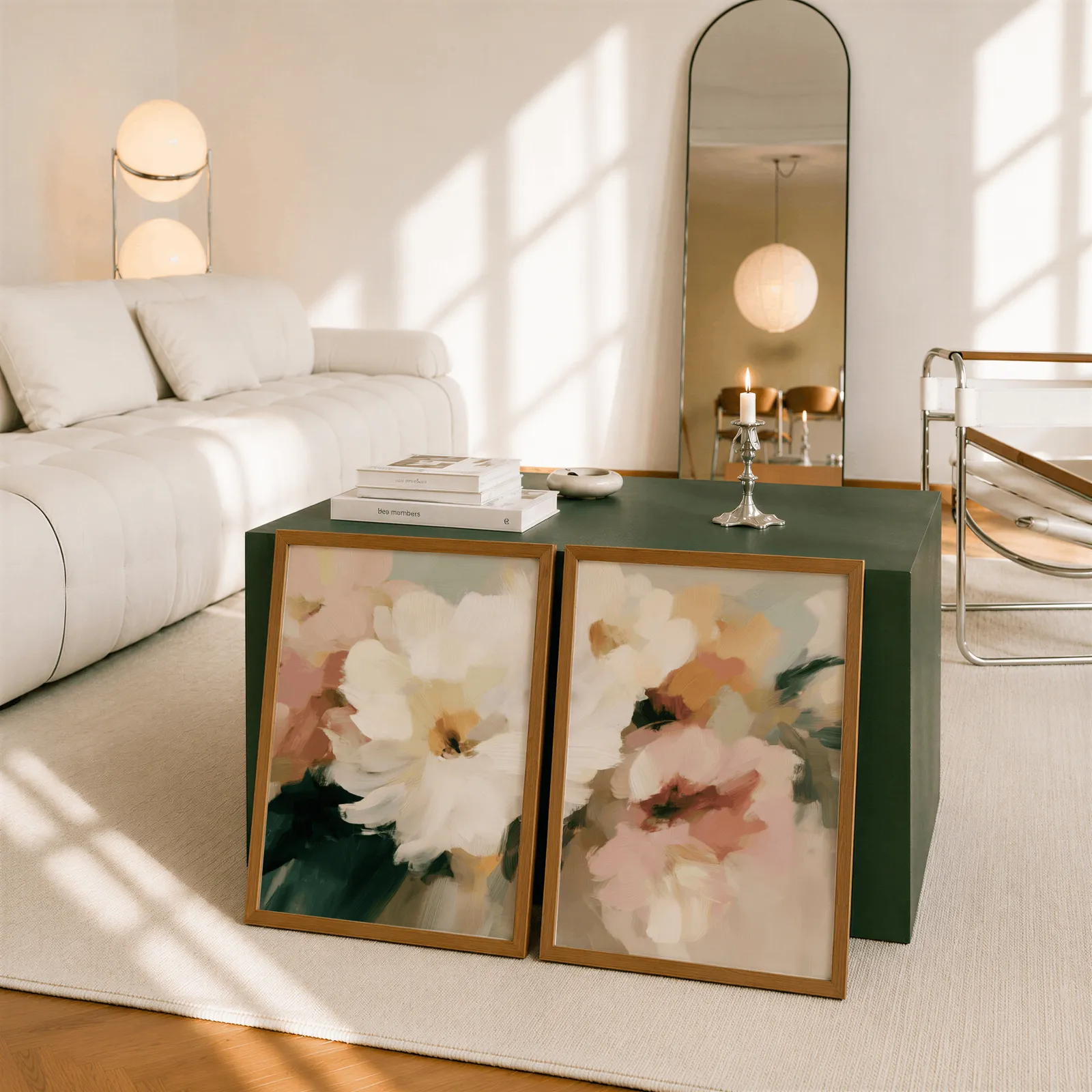 pink and cream floral wall art set of two, leaning against a dark green cube table beside an arched mirror