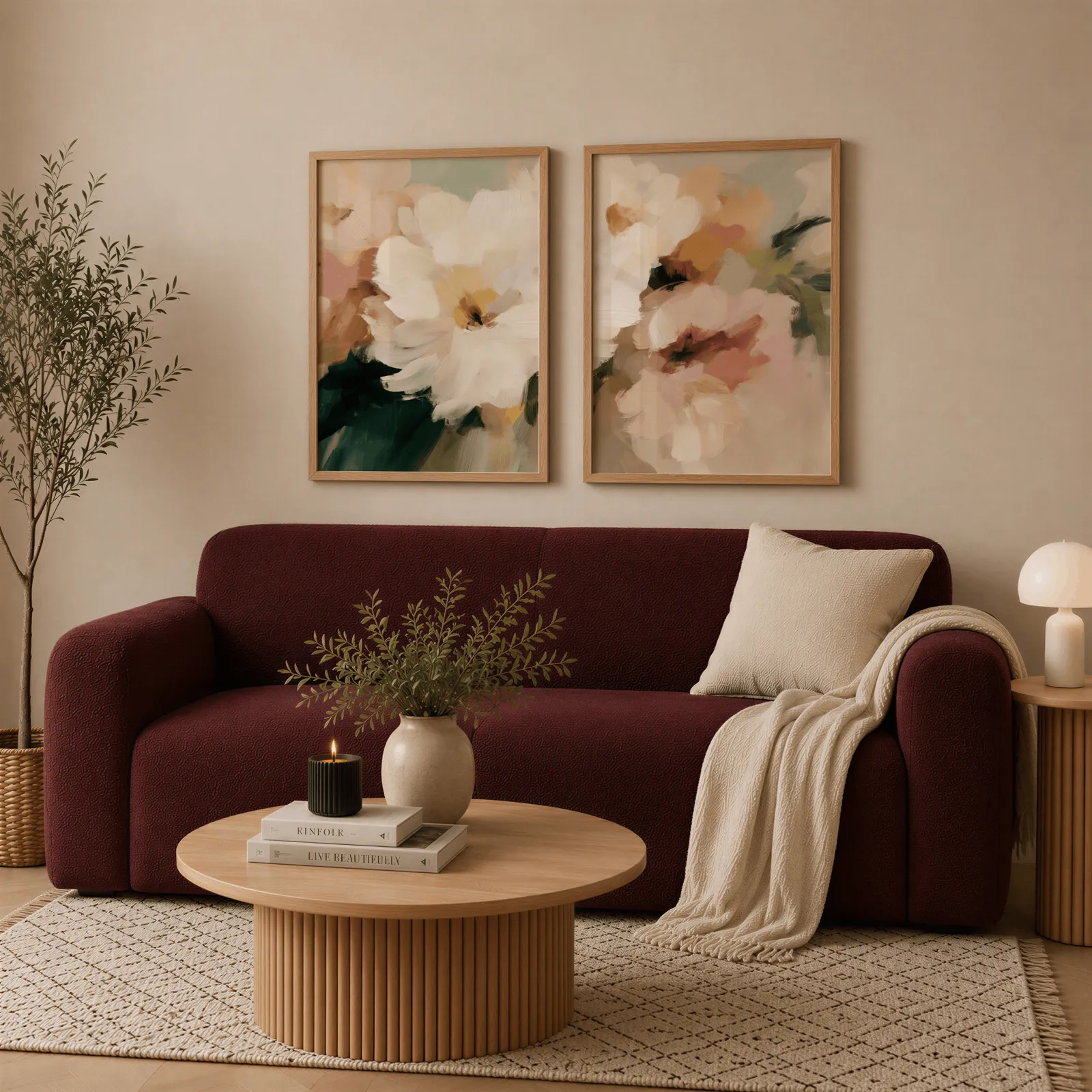 pink and cream floral wall art set of two, above a deep burgundy boucle sofa with cream throw
