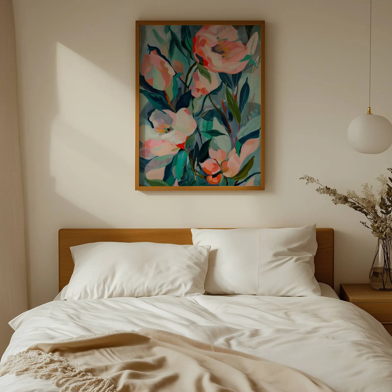 pink floral botanical wall art, above a wooden headboard with white linen pillows