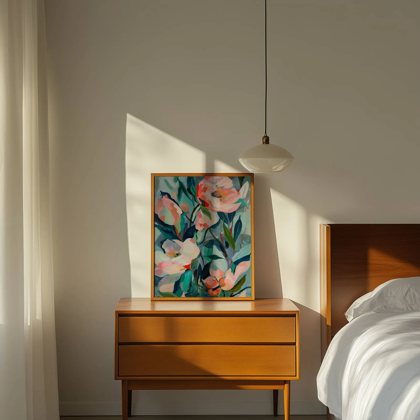 pink floral botanical wall art, propped on a wooden dresser beside a pendant lamp