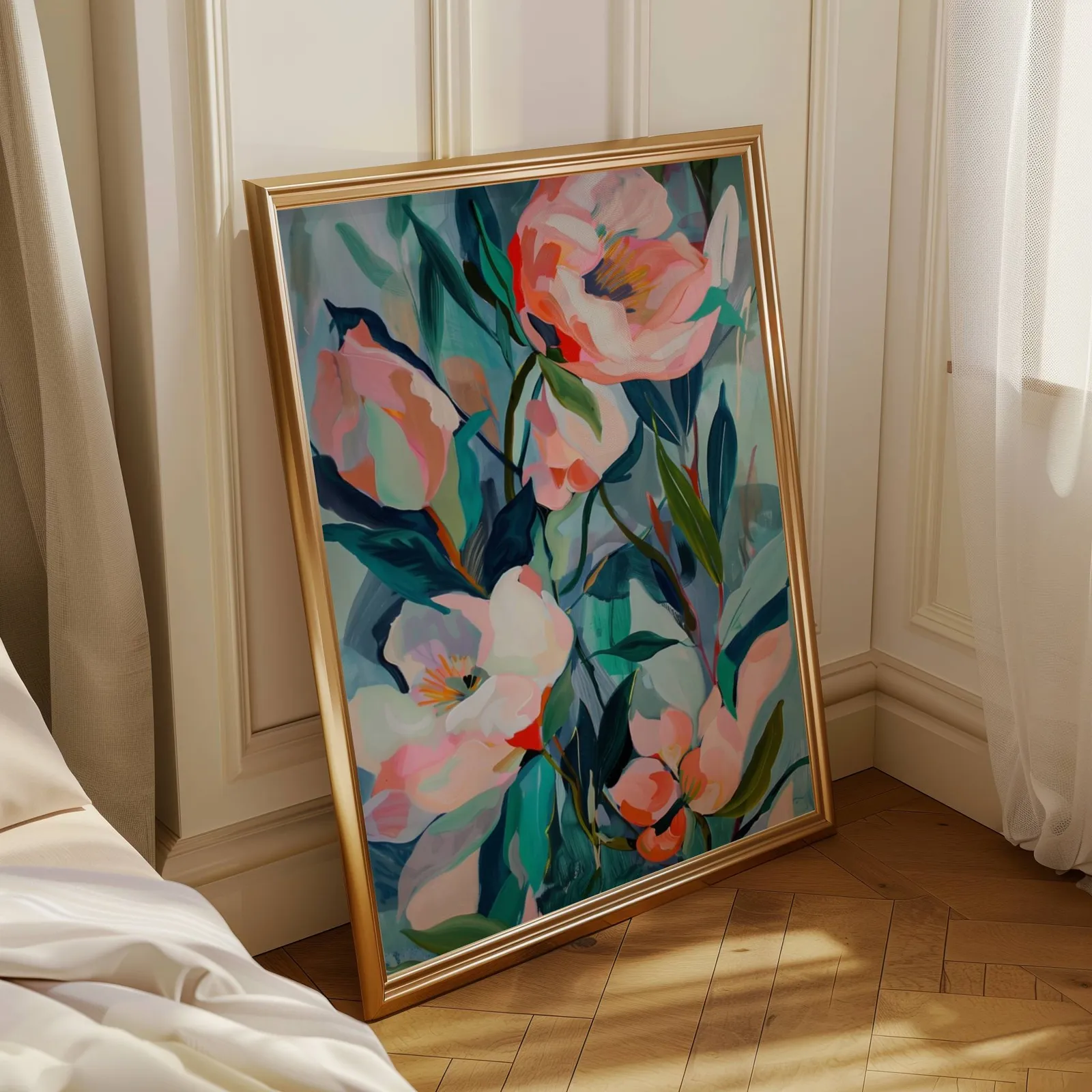 pink floral botanical wall art, leaning in a sunlit corner beside sheer curtains and herringbone floor