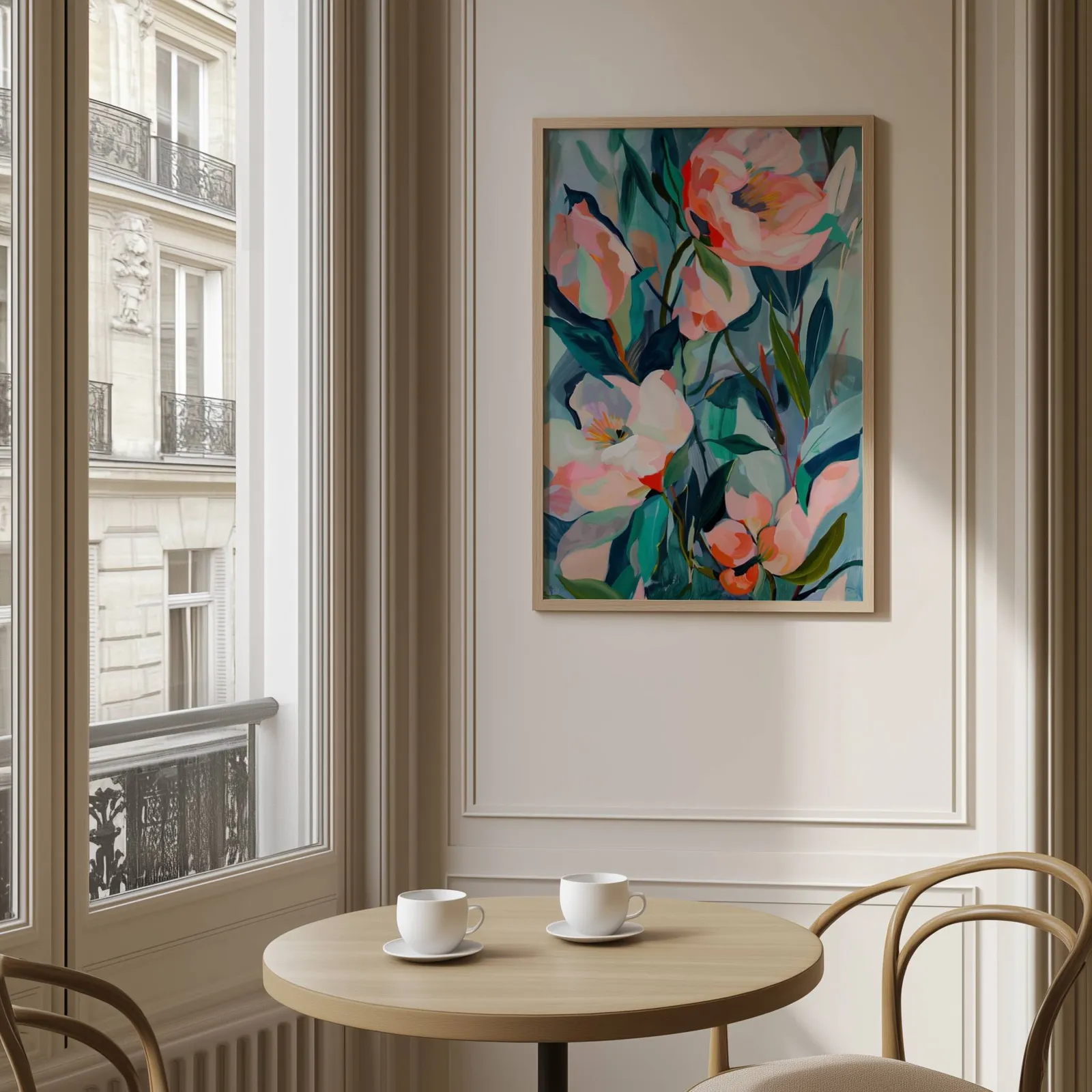 pink floral botanical wall art, above a round café table set with two coffee cups
