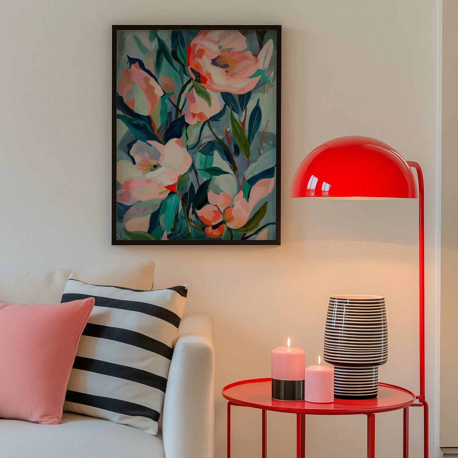 pink floral botanical wall art, above a cream sofa beside a glossy red dome lamp