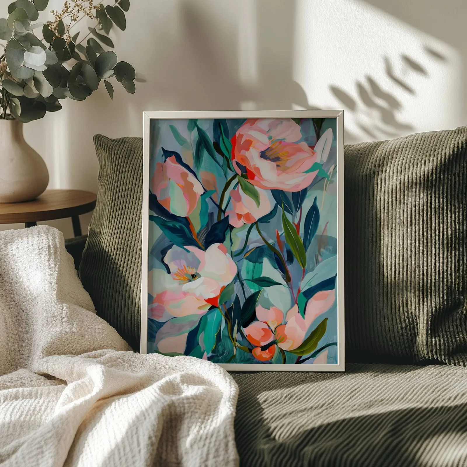 pink floral botanical wall art, propped on an olive corduroy sofa beside a eucalyptus vase