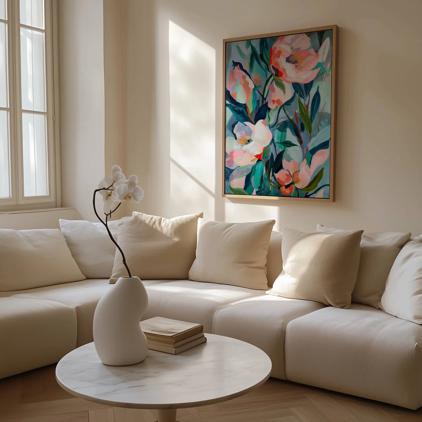 pink floral botanical wall art, above a cream sectional beside a tall sunlit window