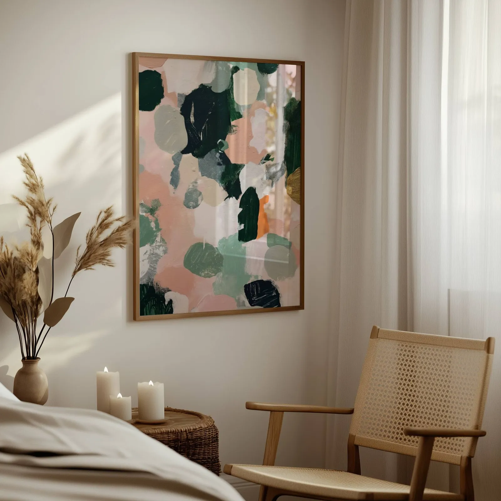 pink and green abstract floral wall art, above a woven side table with lit candles and pampas grass