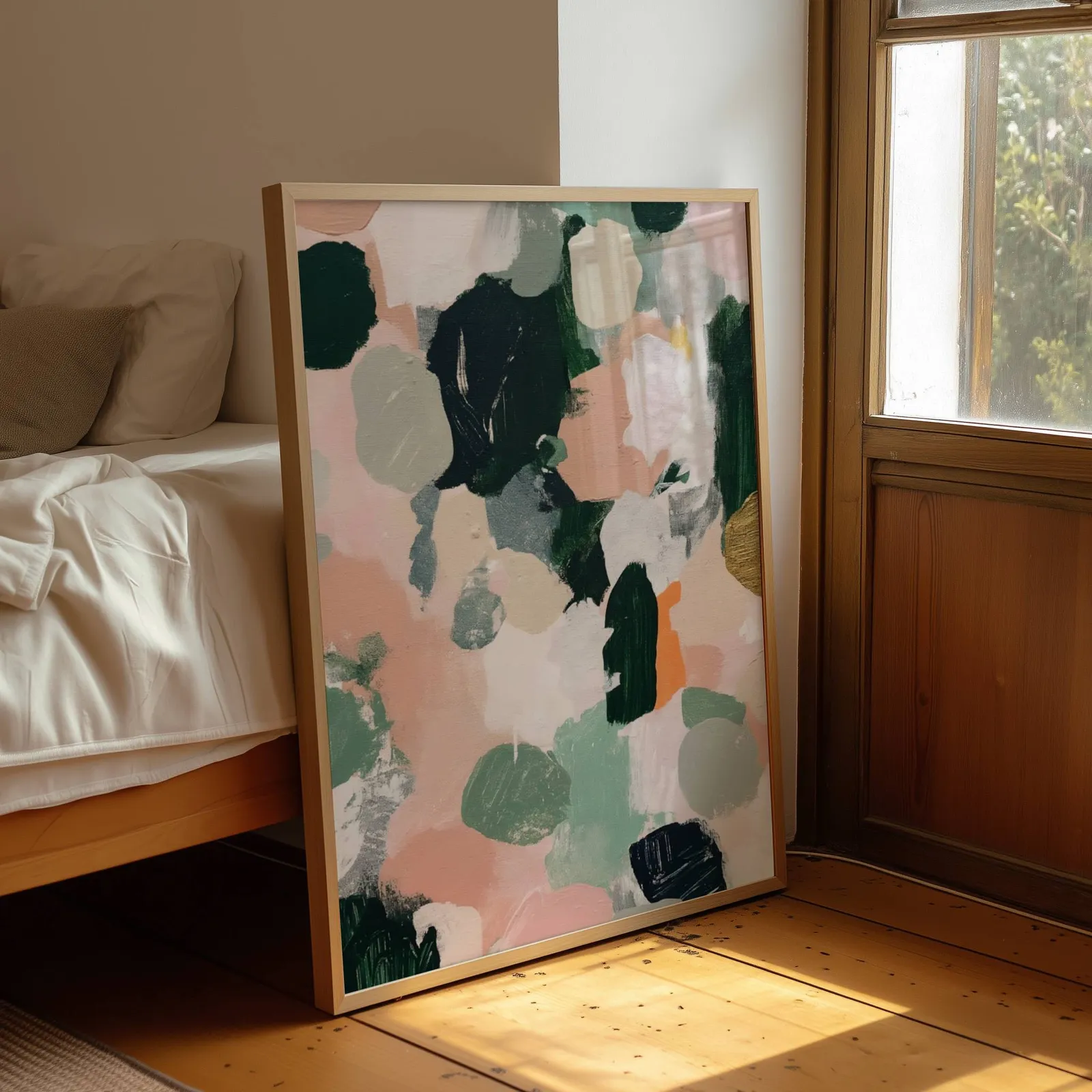 pink and green abstract floral wall art, leaning by a sunlit window beside an unmade bed