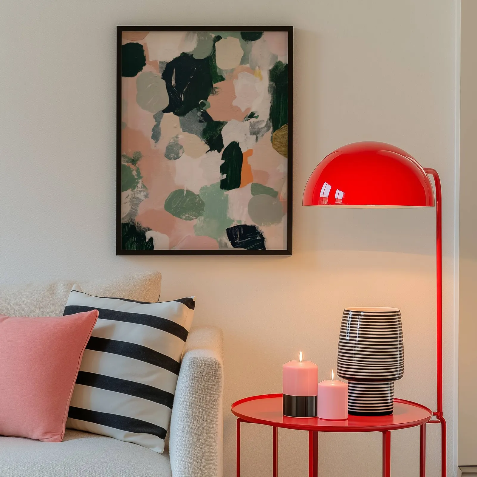 pink and green abstract floral wall art, above a cream sofa beside a glossy red dome lamp
