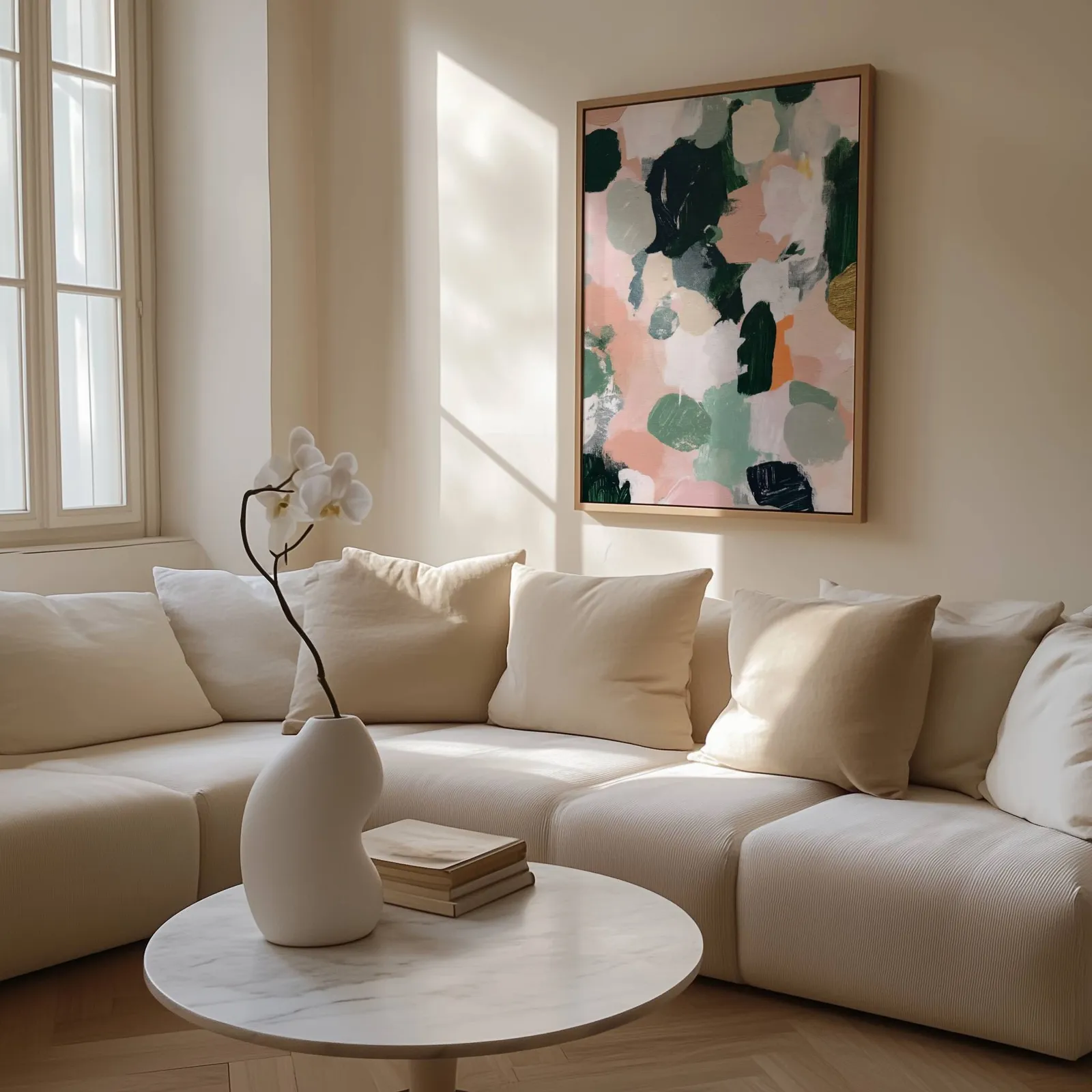 pink and green abstract floral wall art, above a cream sectional beside a tall sunlit window