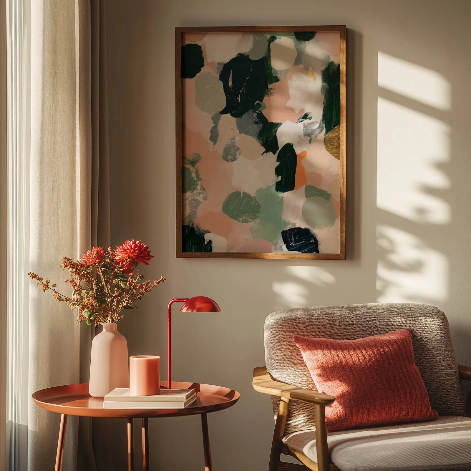 pink and green abstract floral wall art, above a round side table with a red lamp and dahlias