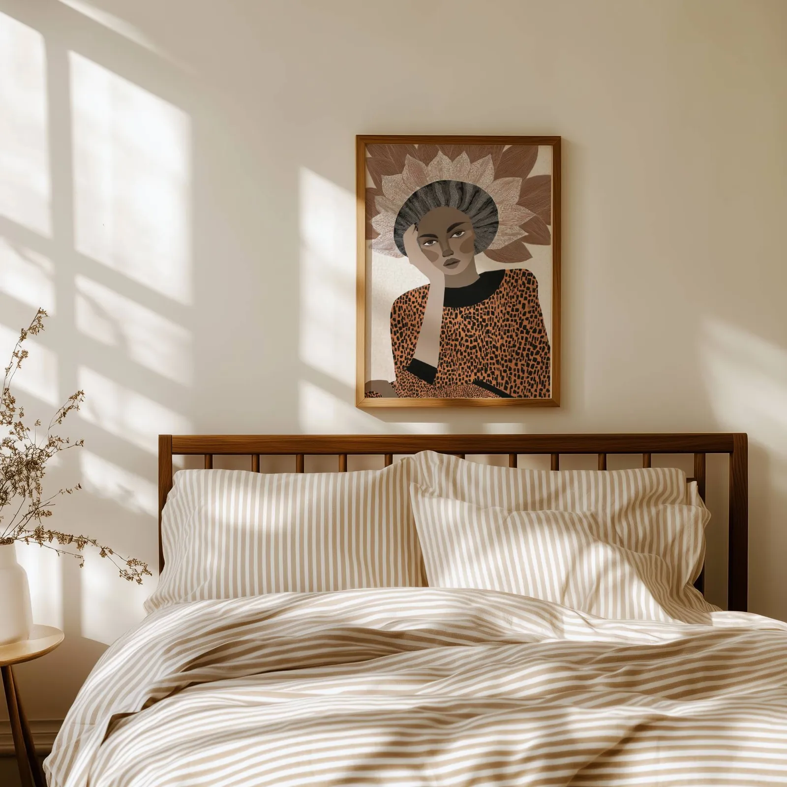 terracotta abstract woman portrait wall art with petal crown, above a spindle headboard with striped linen bedding
