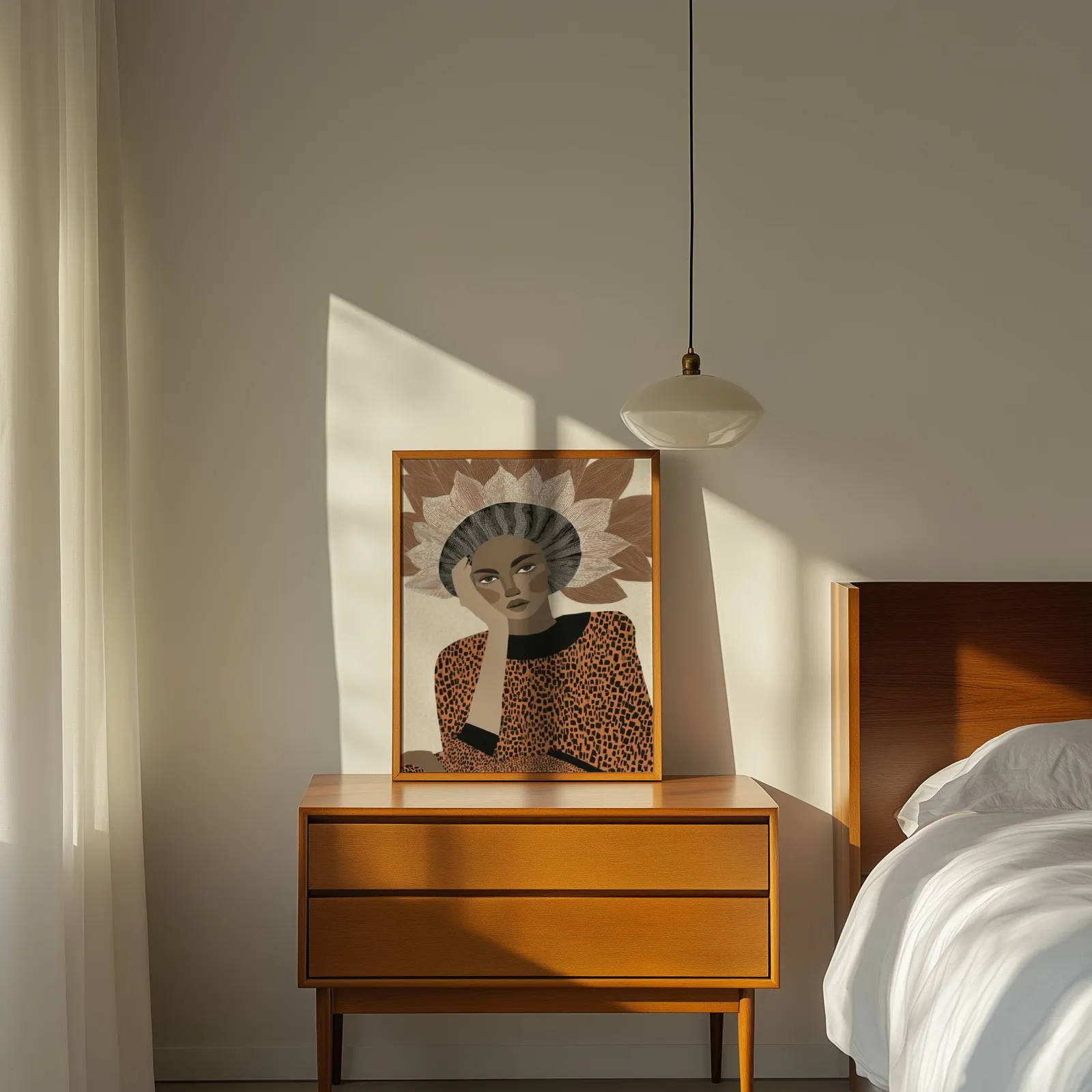 terracotta abstract woman portrait wall art with petal crown, propped on a wooden dresser beside a pendant lamp