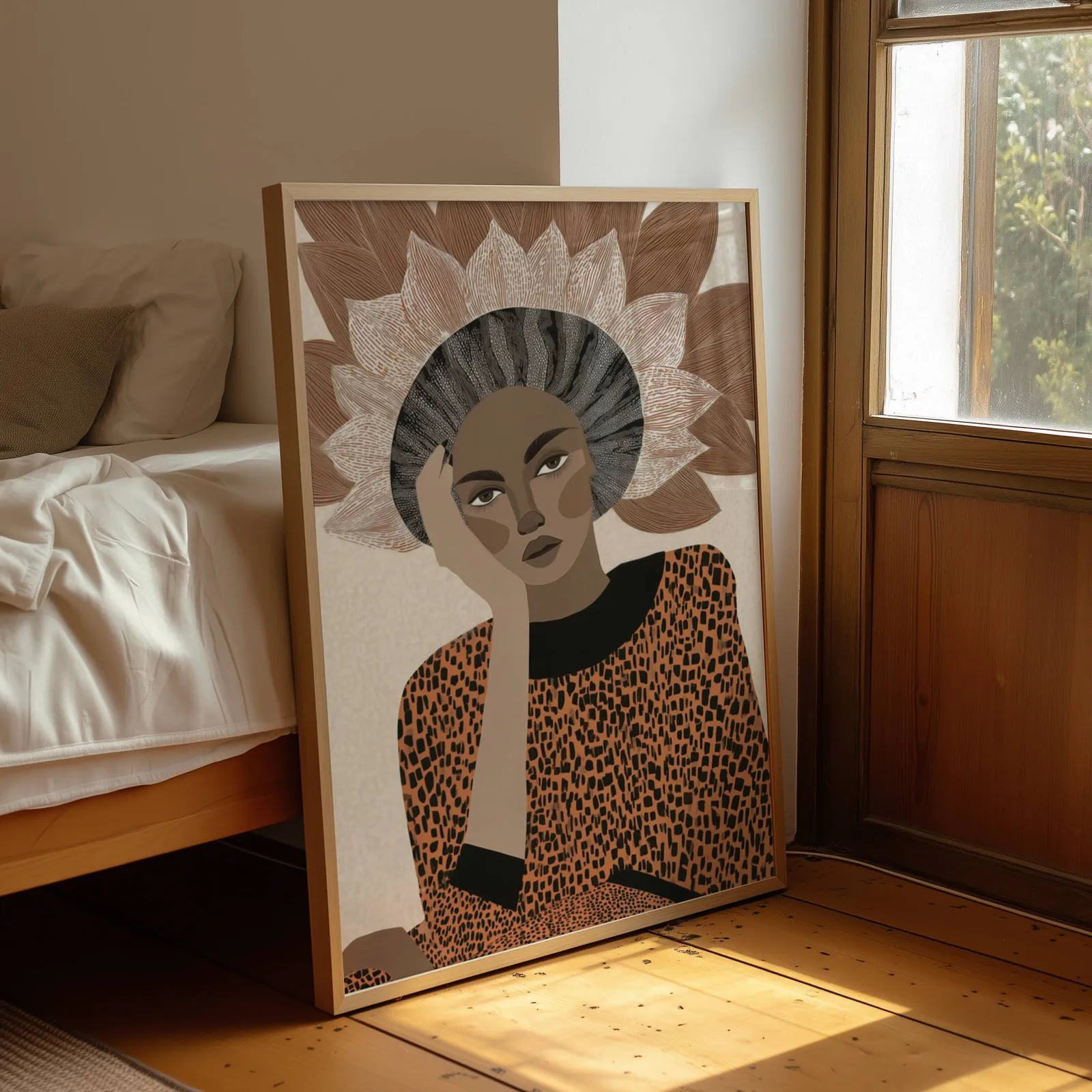 terracotta abstract woman portrait wall art with petal crown, leaning by a sunlit window beside an unmade bed