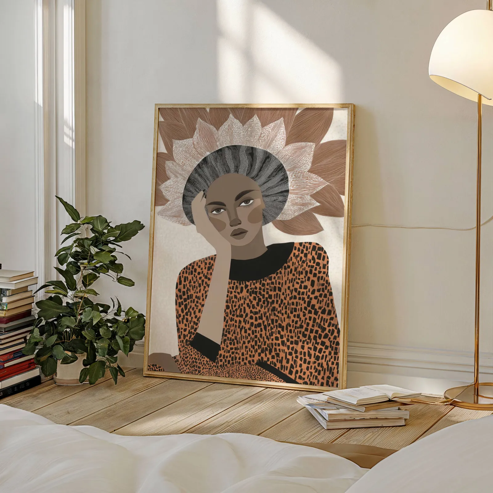 terracotta abstract woman portrait wall art with petal crown, leaning against a sunlit wall beside a stacked bookshelf and fiddle-leaf plant