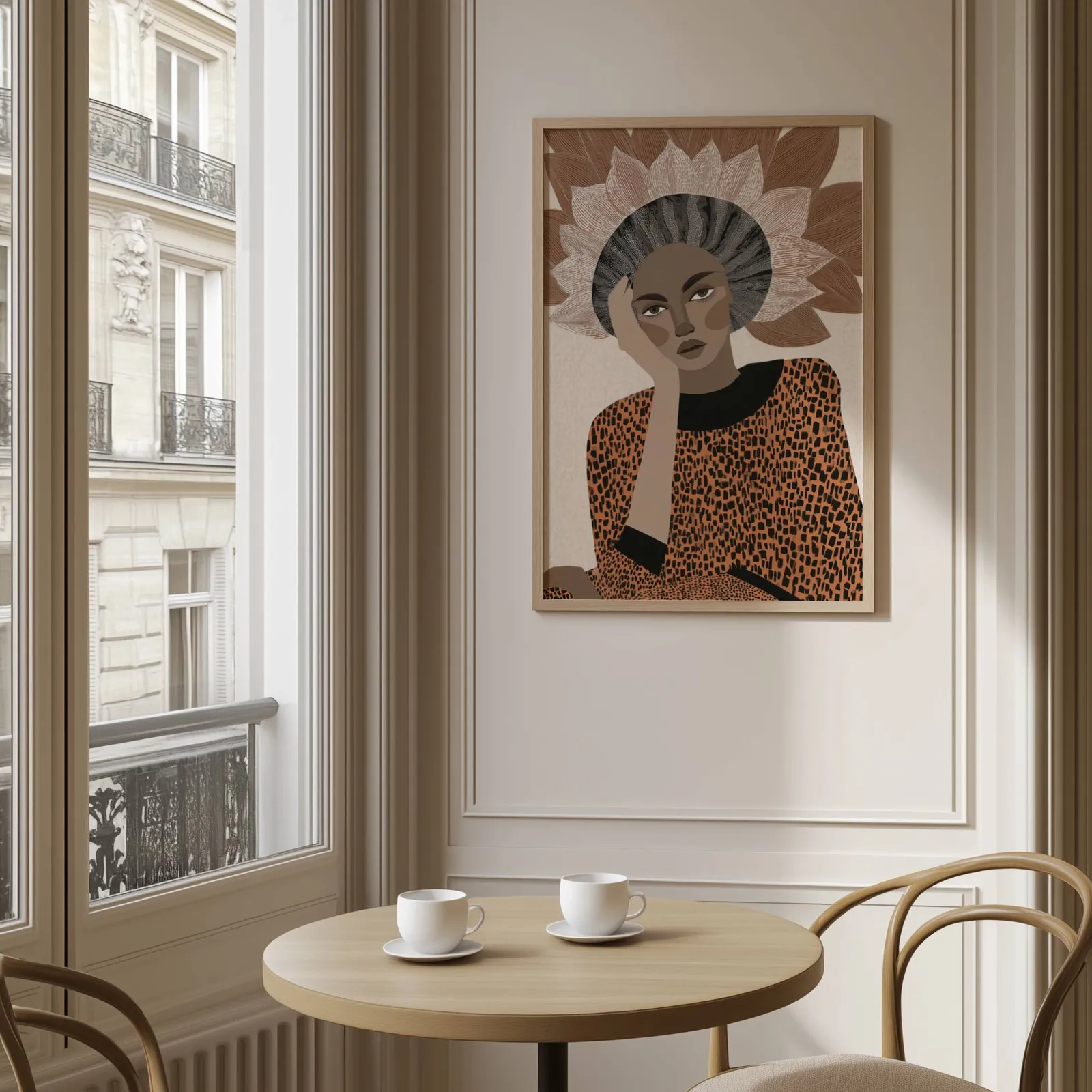 terracotta abstract woman portrait wall art with petal crown, above a round café table set with two coffee cups