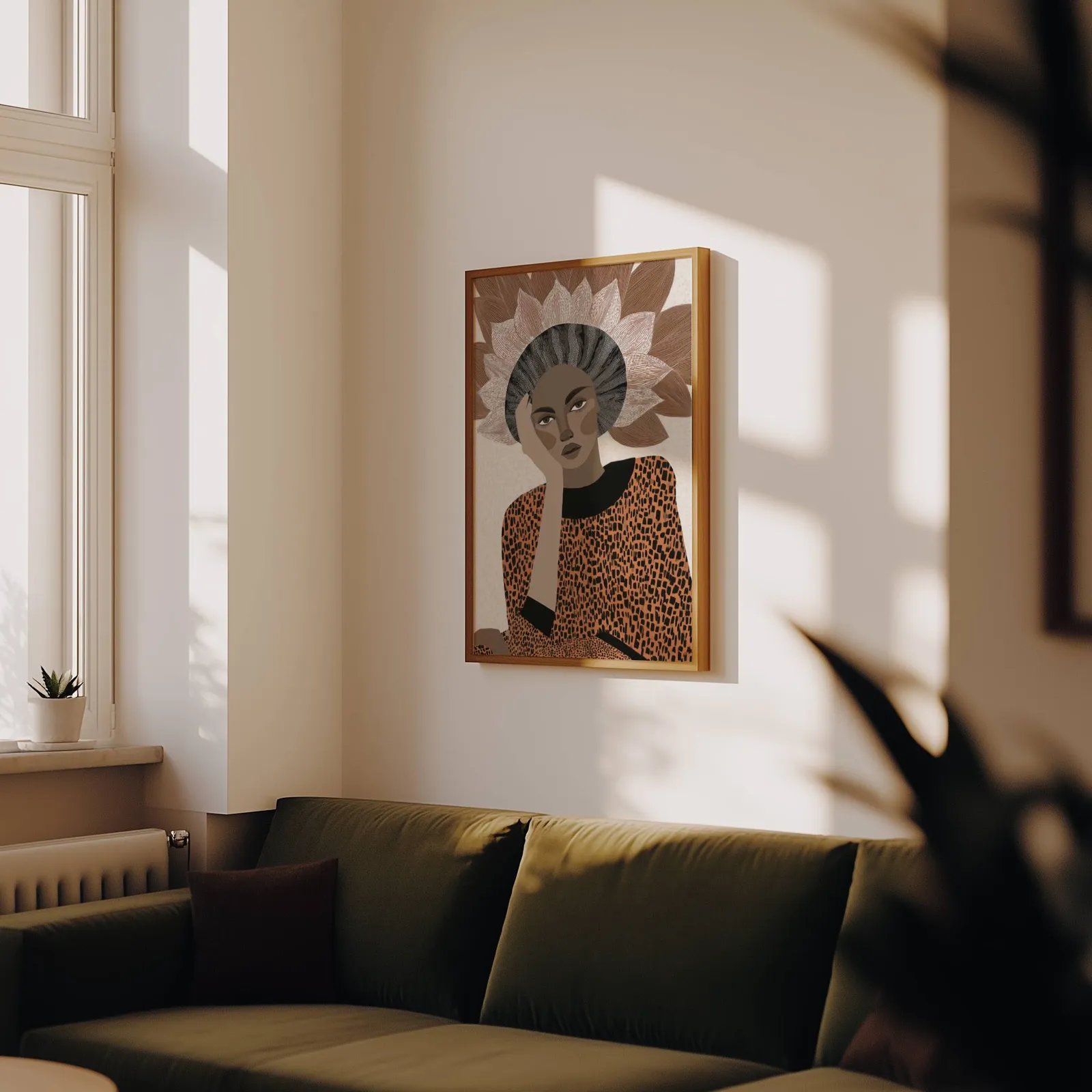 terracotta abstract woman portrait wall art with petal crown, above an olive velvet sofa in raking afternoon light